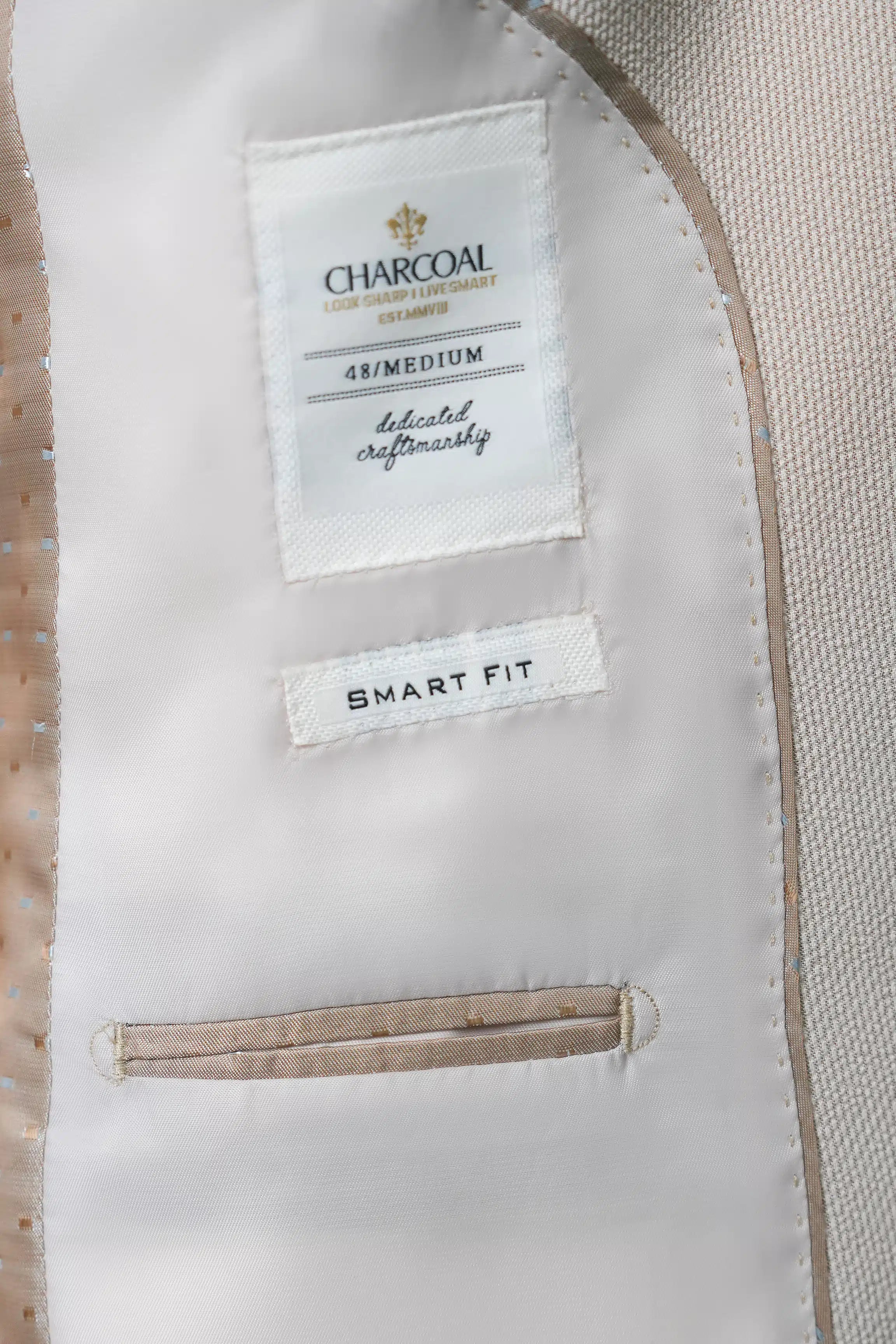Beige coat interior label: CHARCOAL 48/medium, SMART FIT