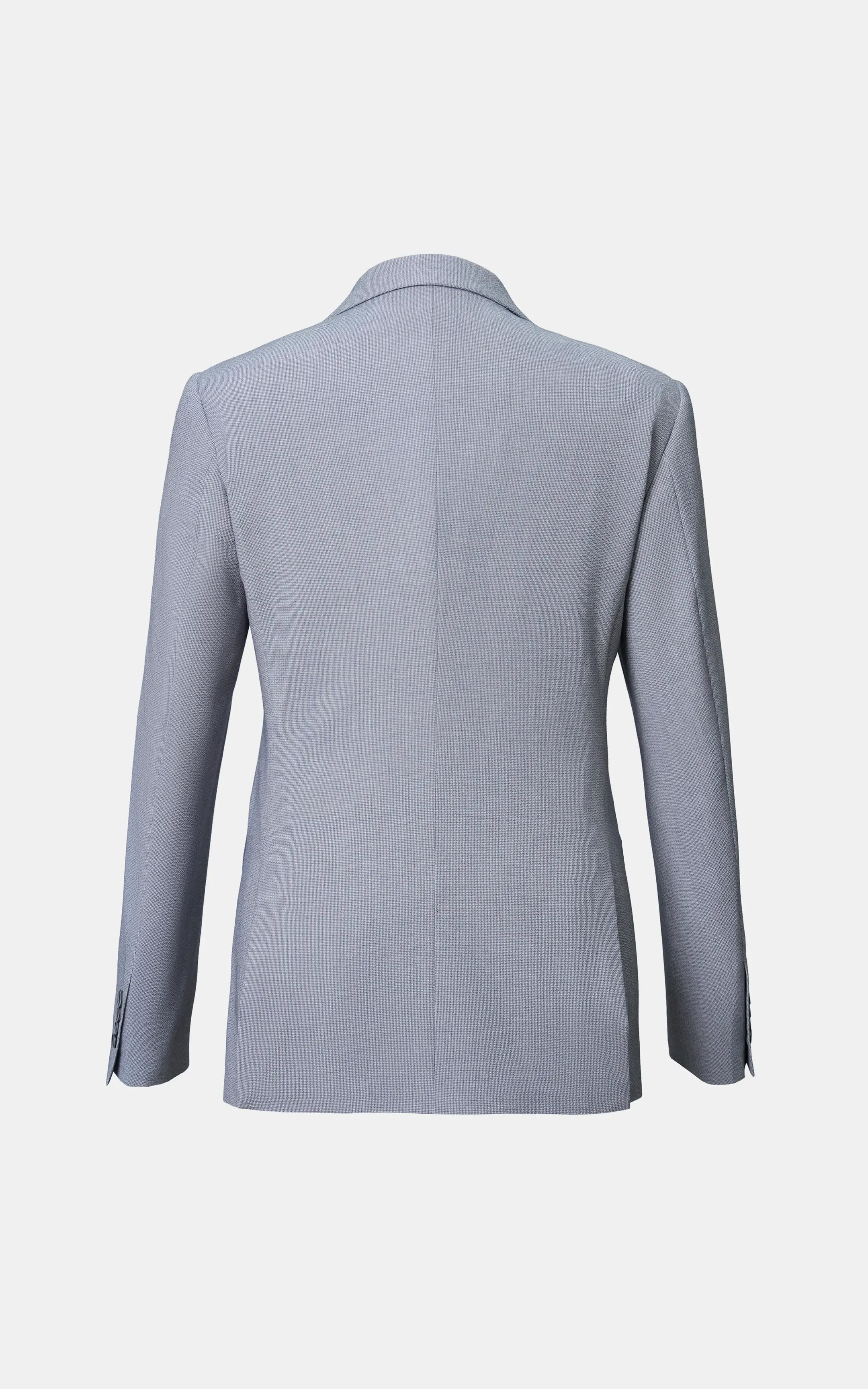 Grey casual coat back view with notched collar and long sleeves