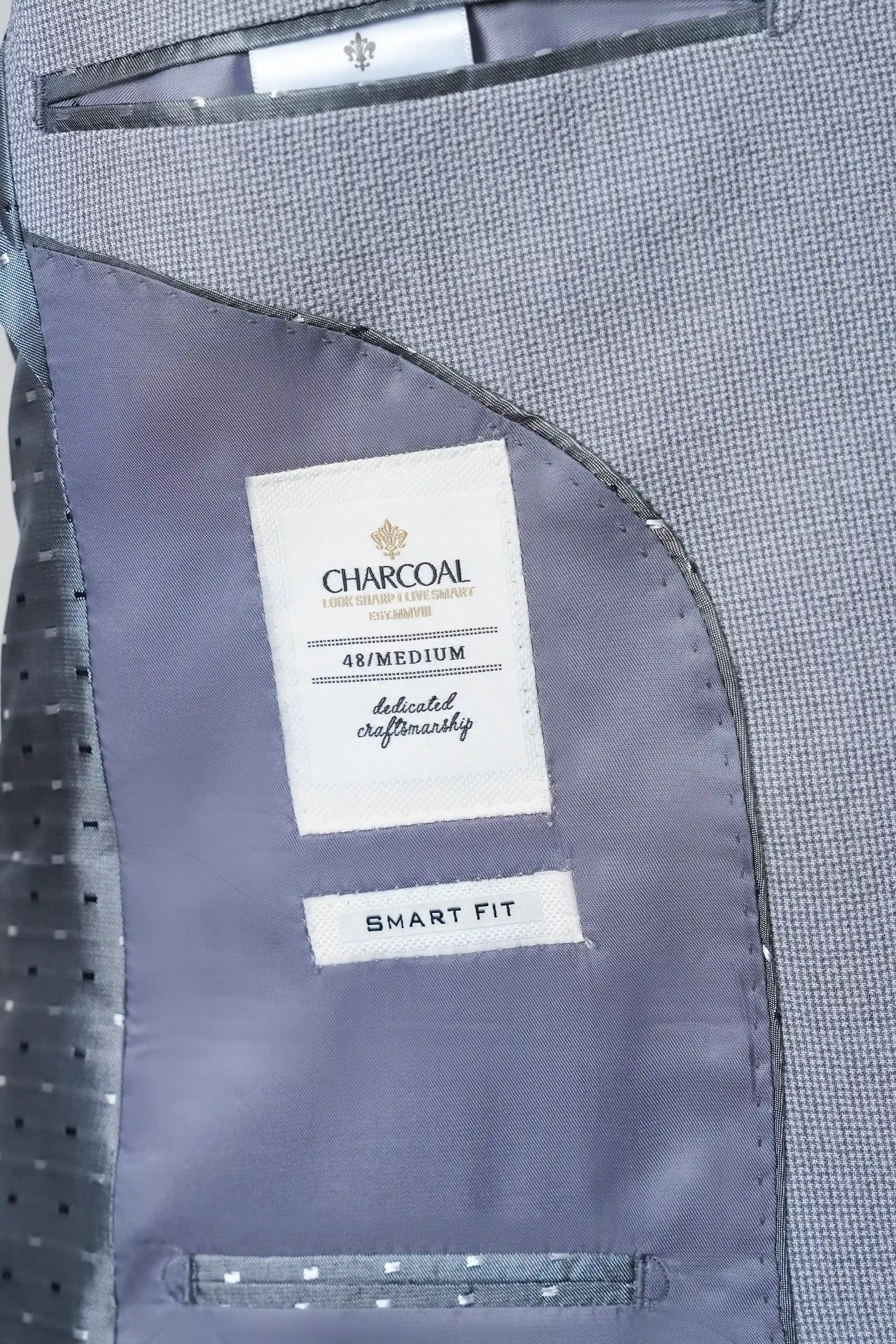 Grey casual coat interior showing CHARCOAL 48/MEDIUM lining and SMART FIT label