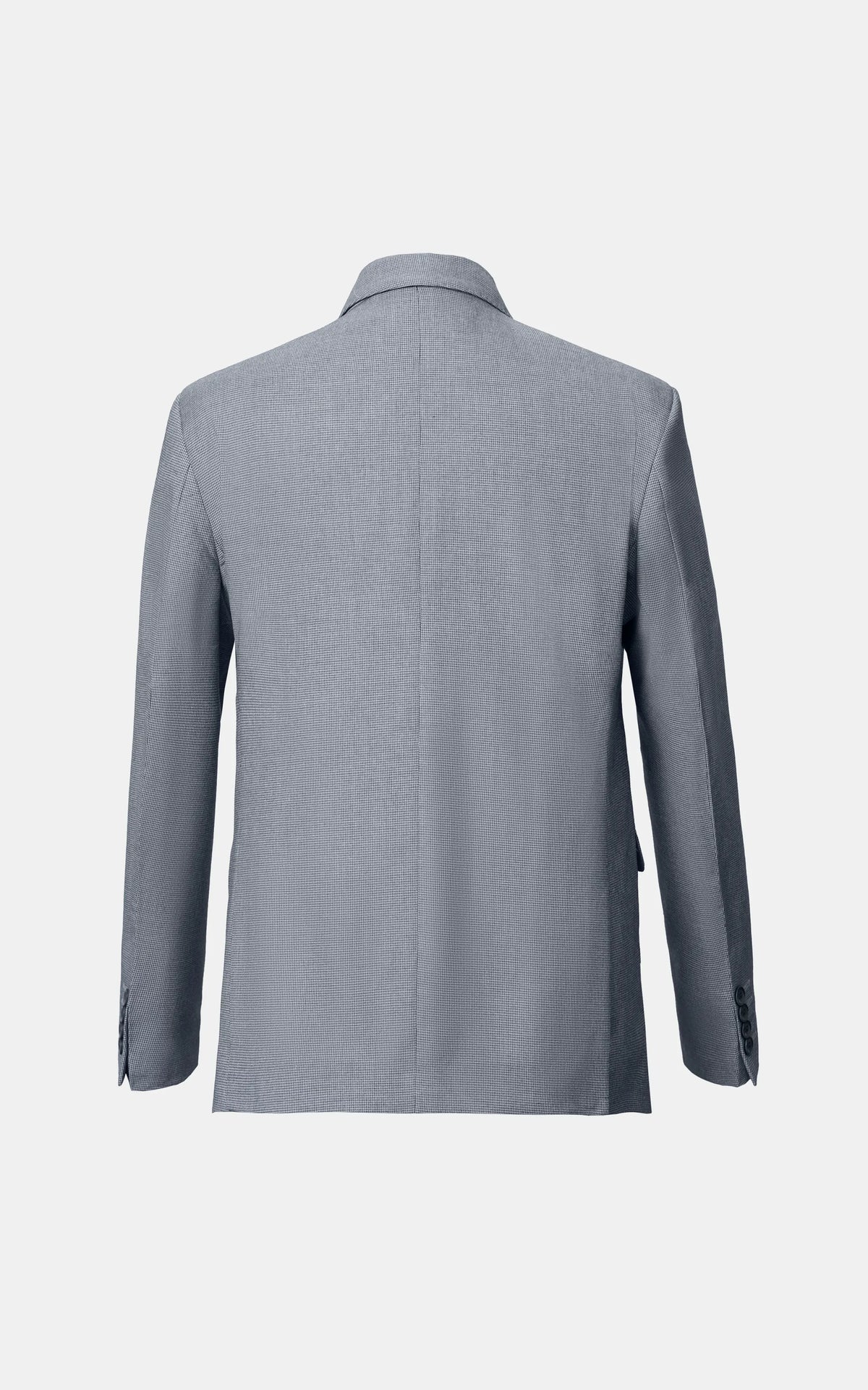 Grey casual coat back view with smooth yoke, center seam, and long sleeves