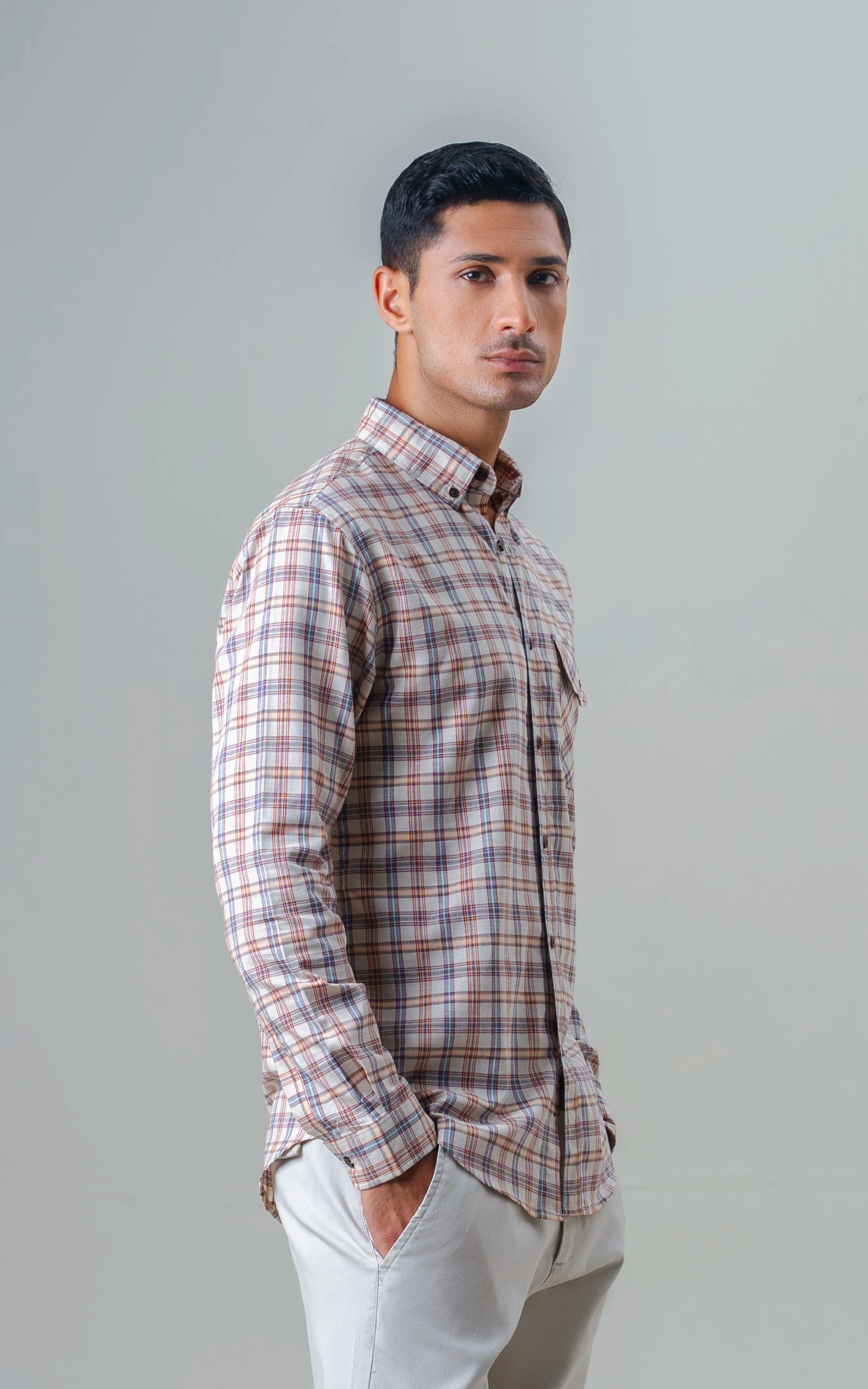 SMART FIT CHECKED CASUAL SHIRT KHAKI RUST