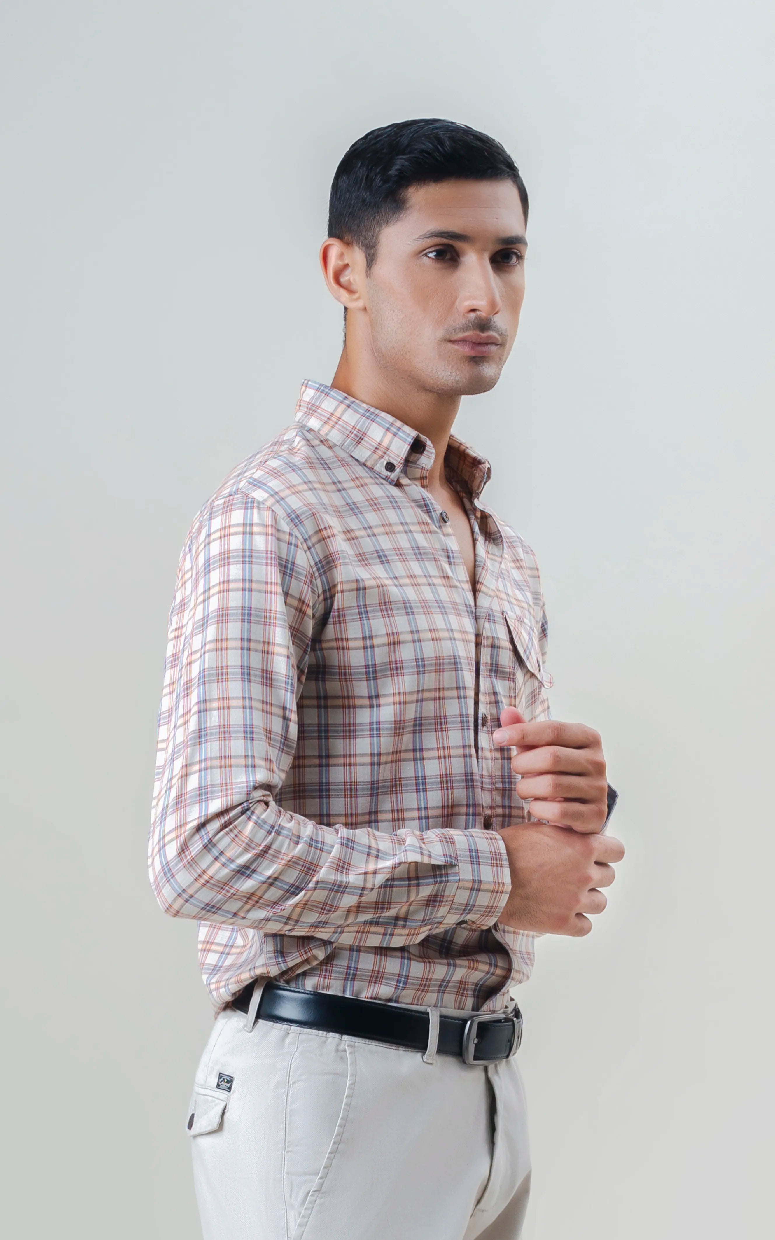 SMART FIT CHECKED CASUAL SHIRT KHAKI RUST