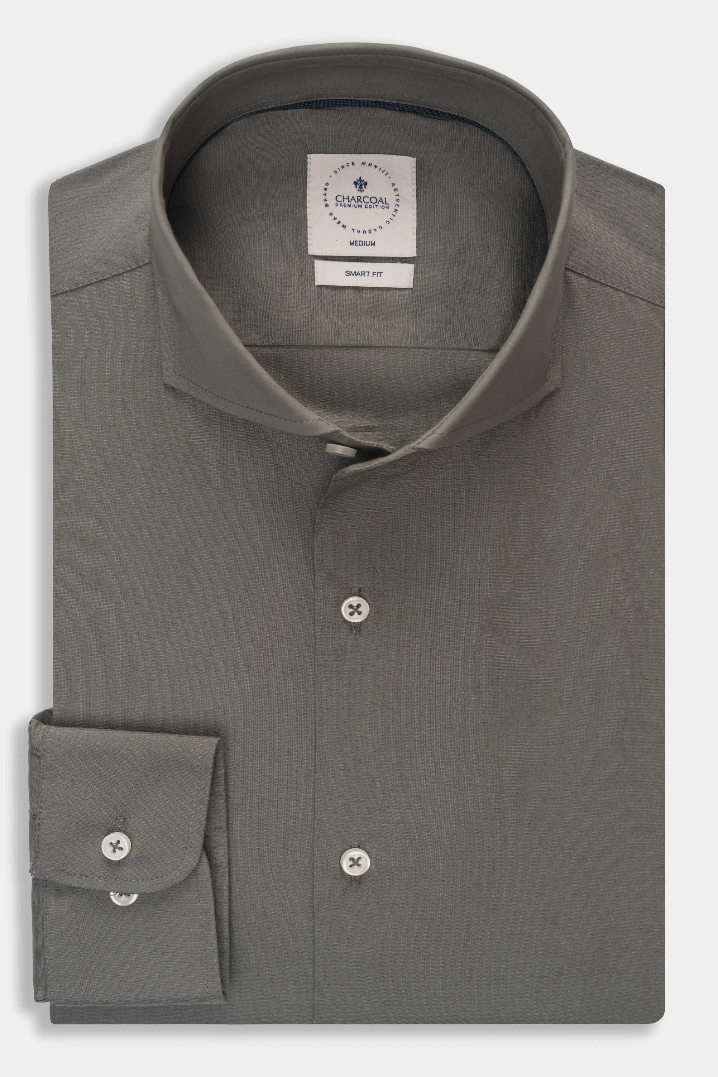 Dark olive-green French collar smart shirt, button front and buttoned cuffs