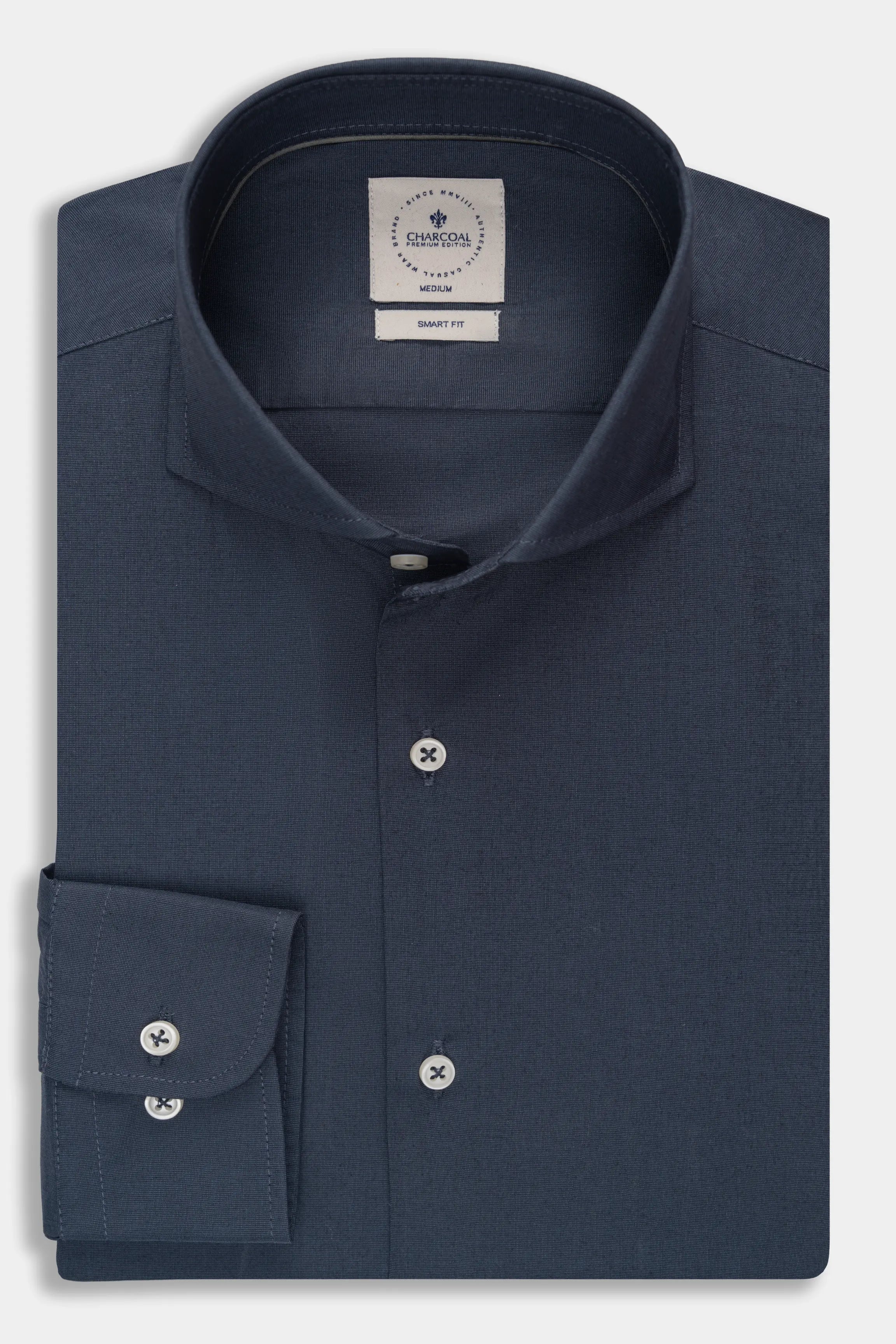 Dark blue smart dress shirt with French collar and button placket