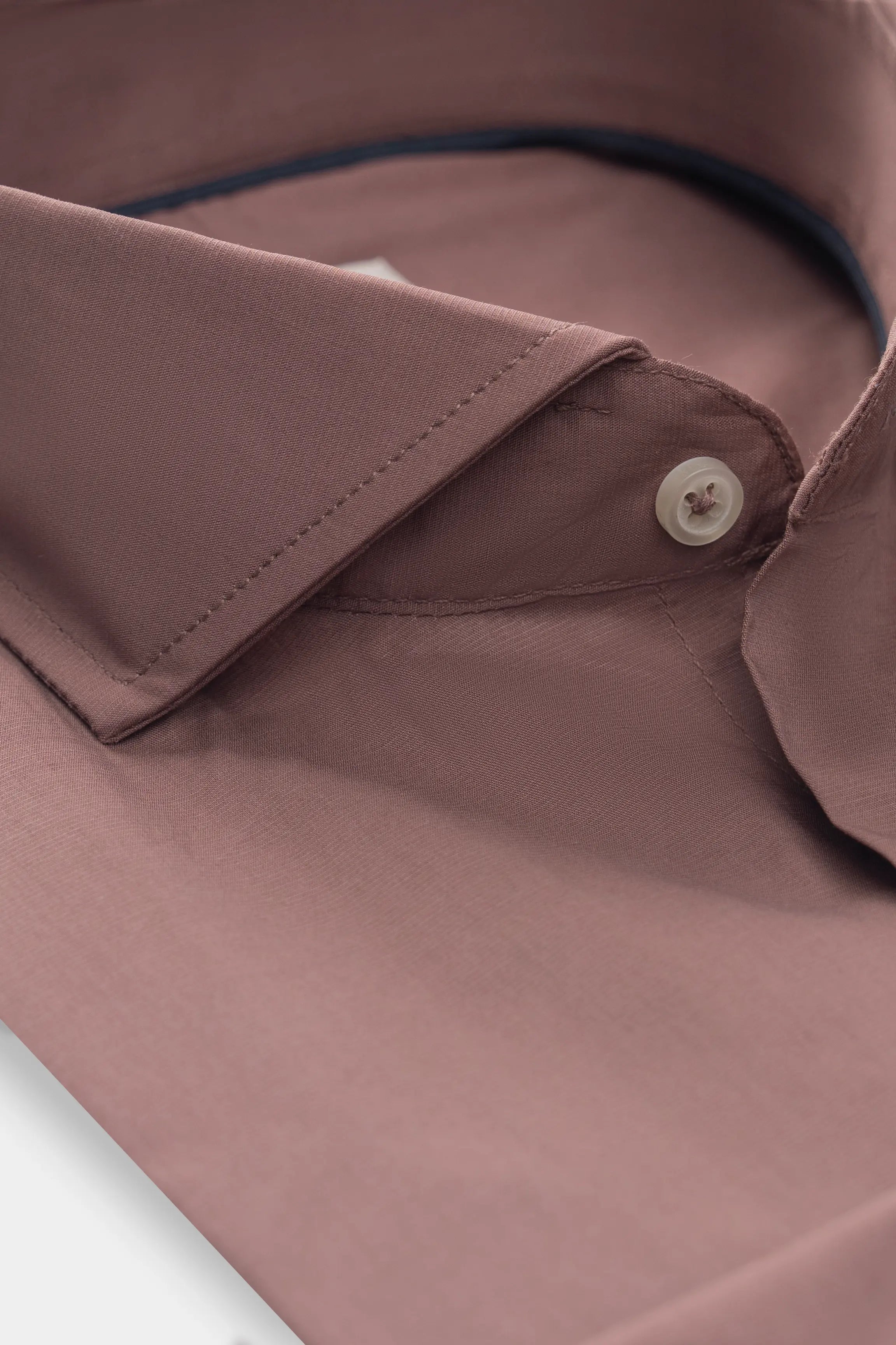 Rust smart shirt collar with half-button placket and round white buttons
