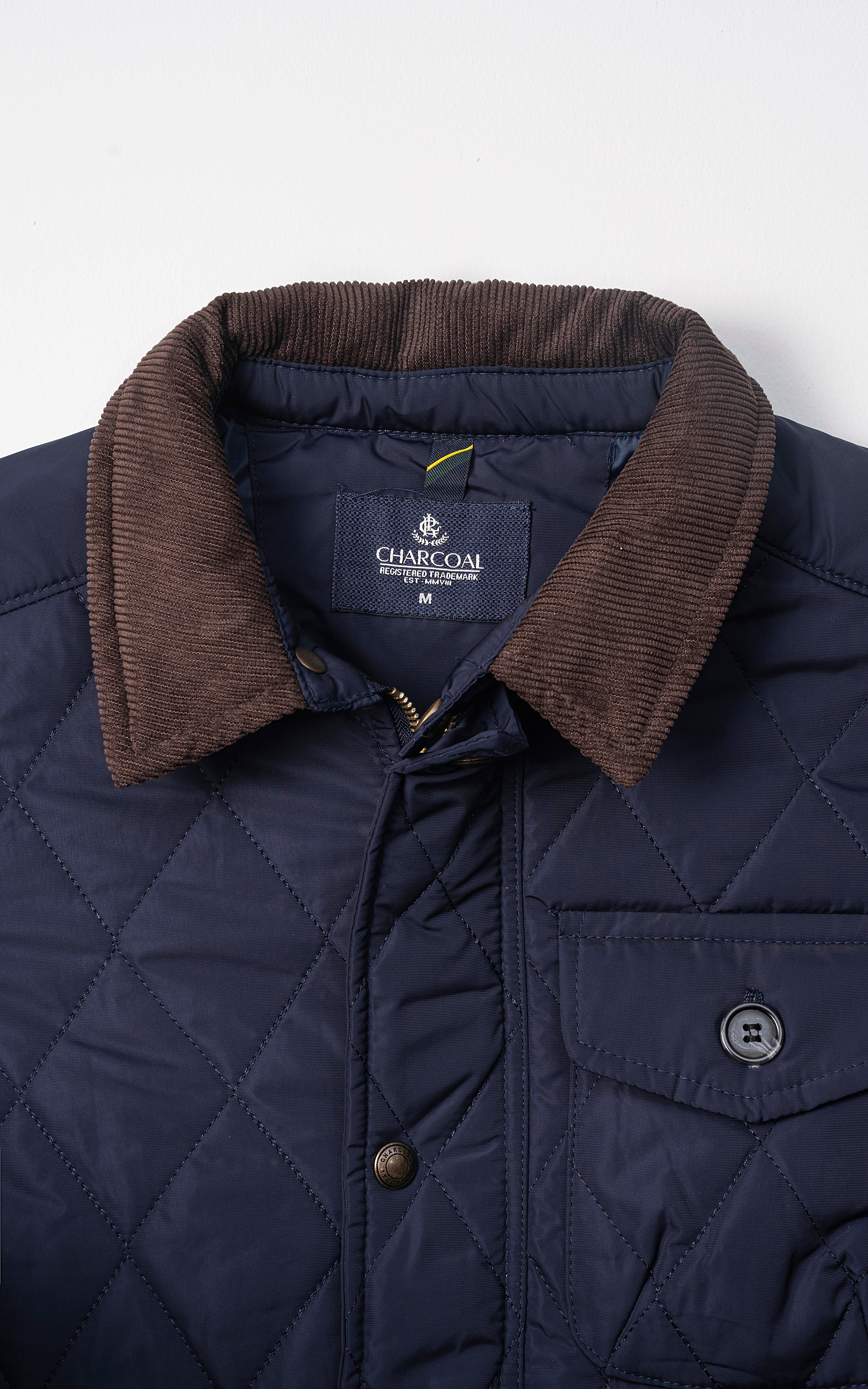 CORDUROY COLLAR QUILTED JACKET FULL SLEEVE NAVY