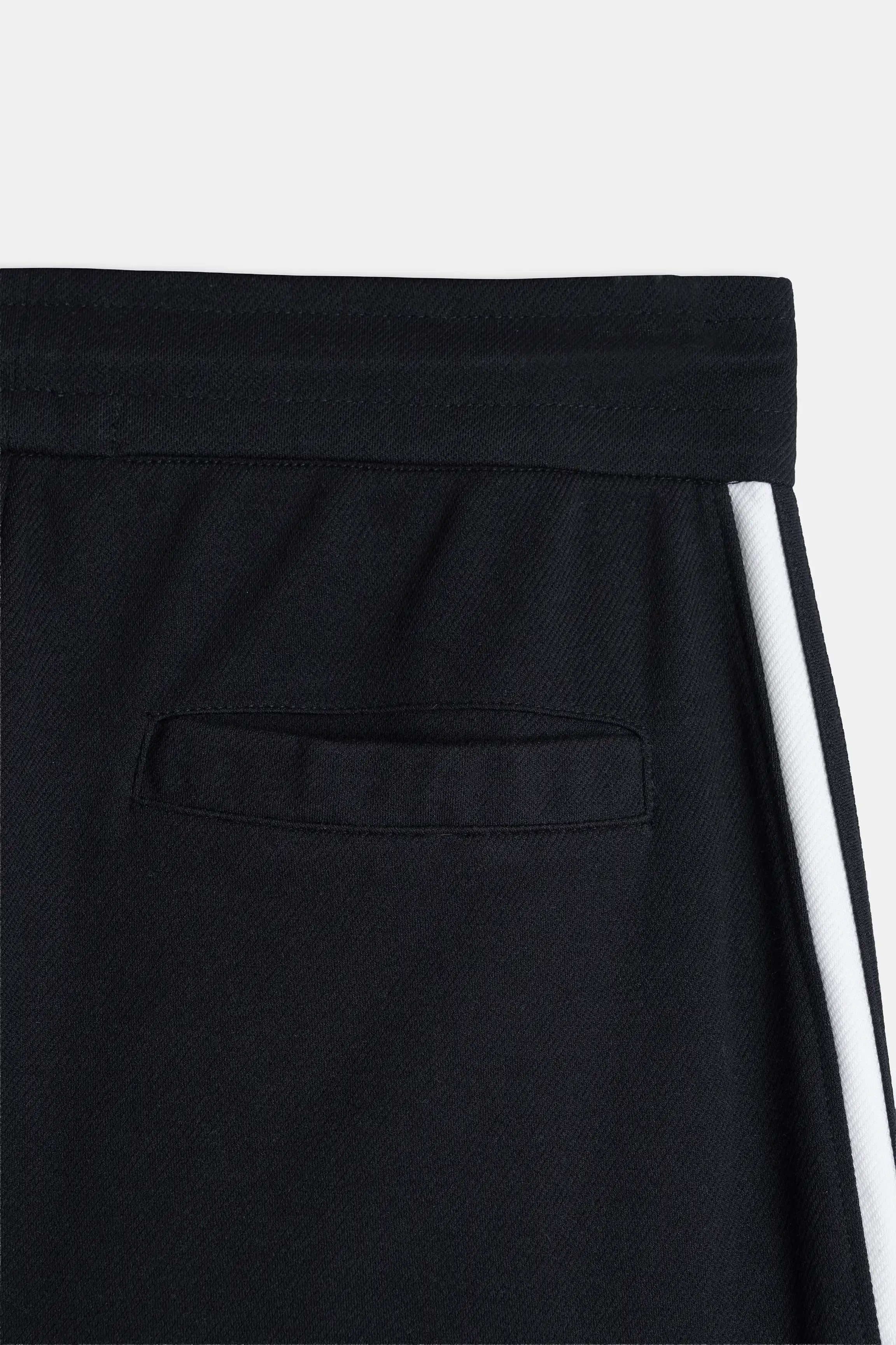 Black trousers front pocket with stitched panel and drawstring waist