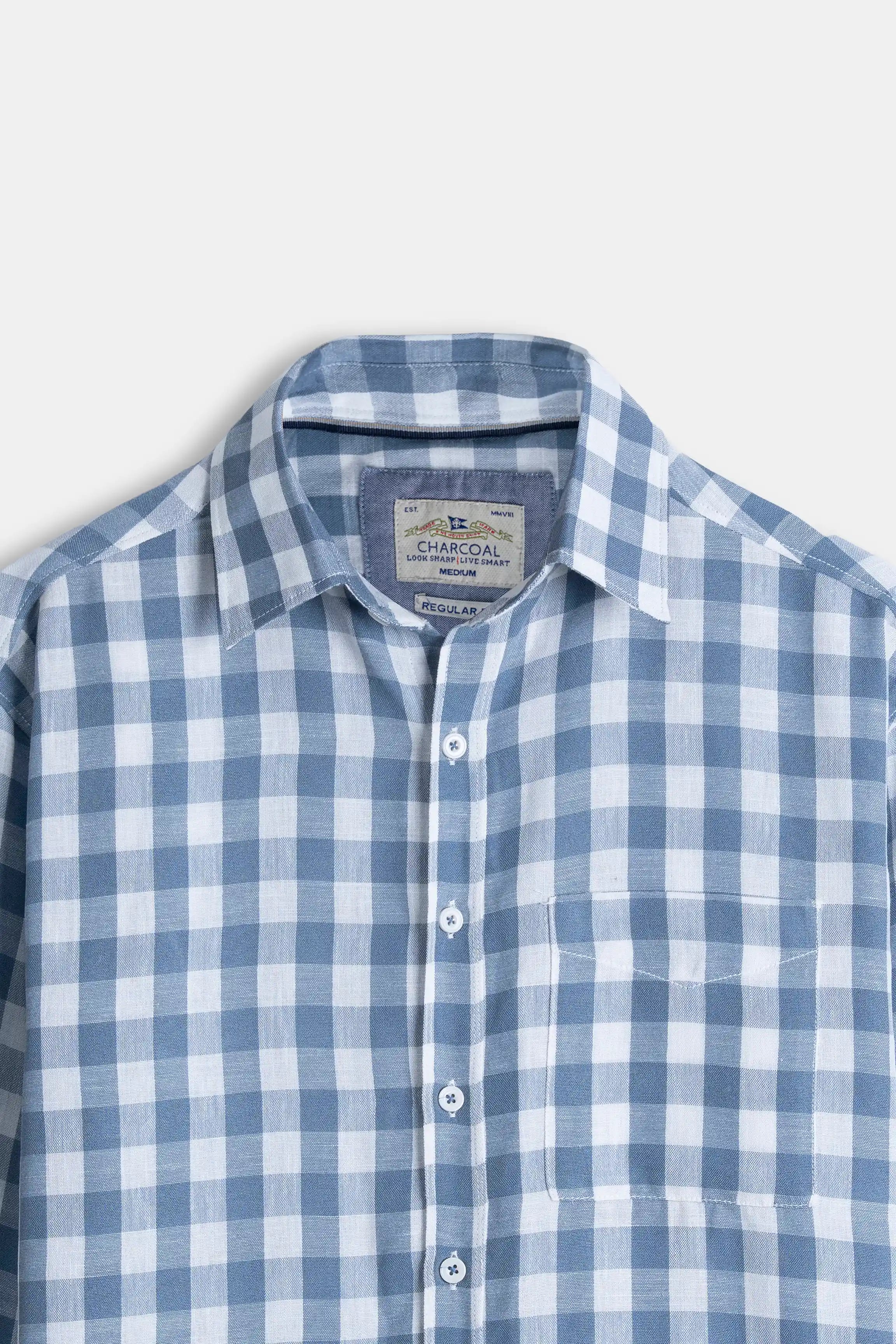 HIDDEN BUTTON DOWN CHECKERED CASUAL SHIRT BLUE CHECK