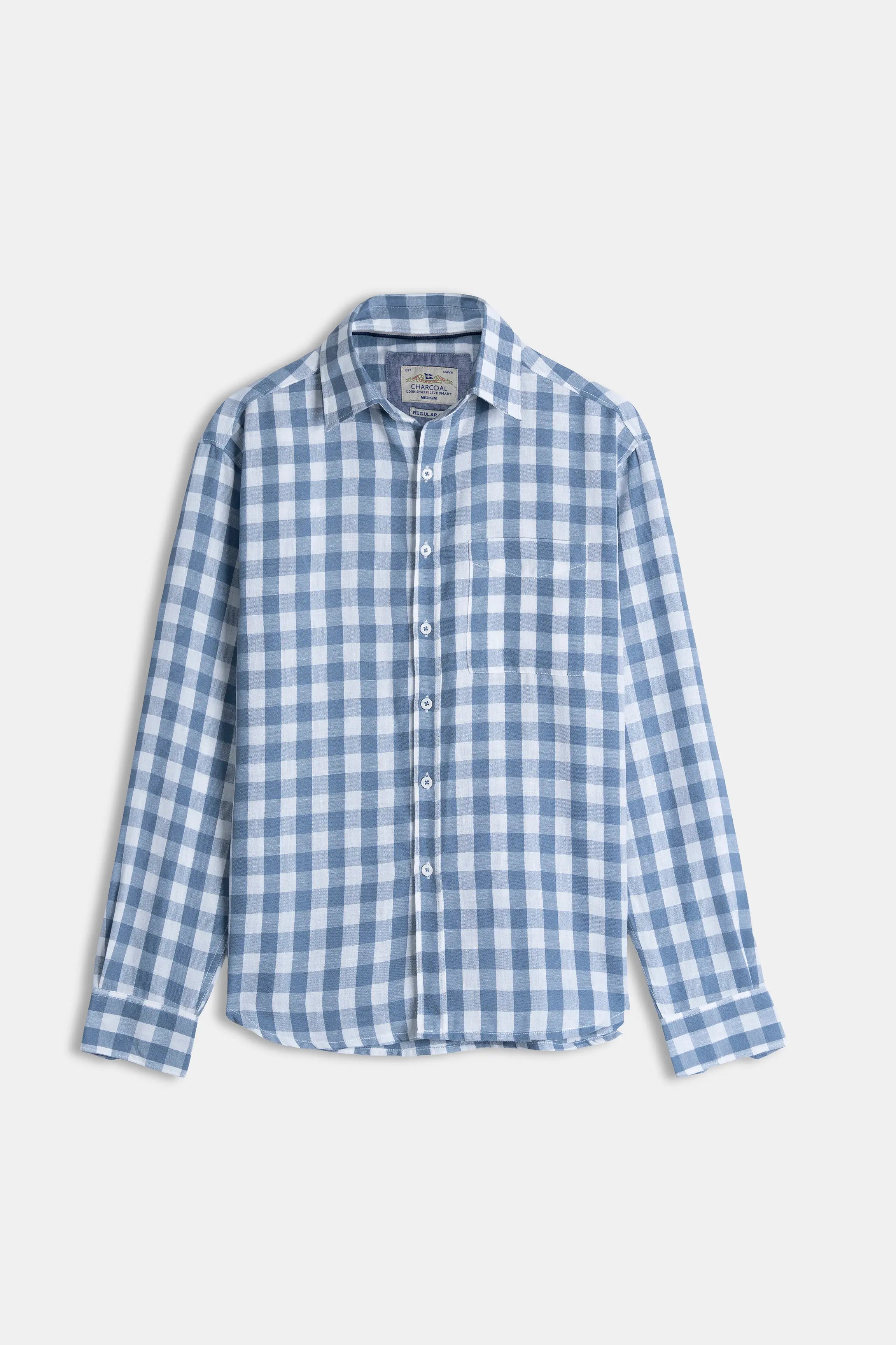 HIDDEN BUTTON DOWN CHECKERED CASUAL SHIRT BLUE CHECK