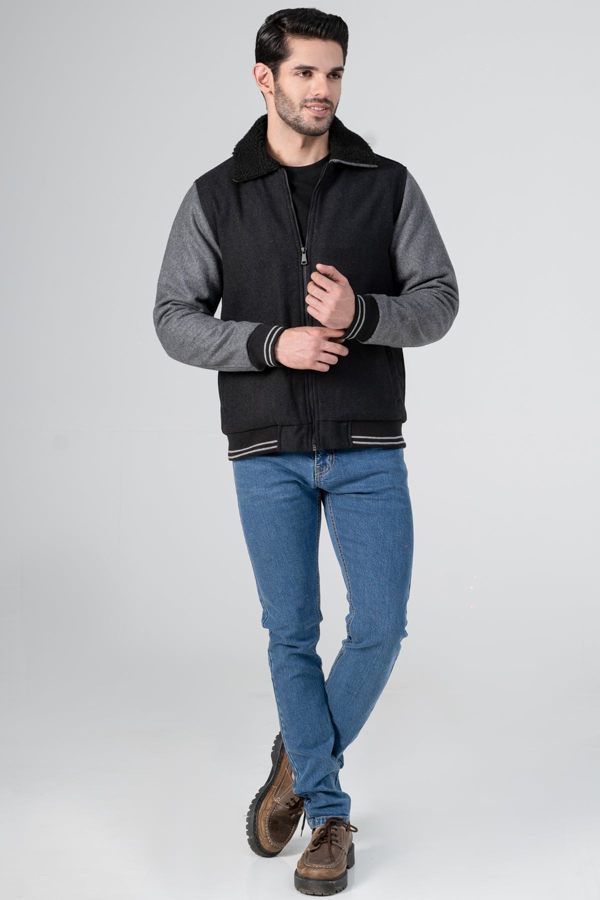 Wool Knit Chevron Hooded Jacket - Charcoal