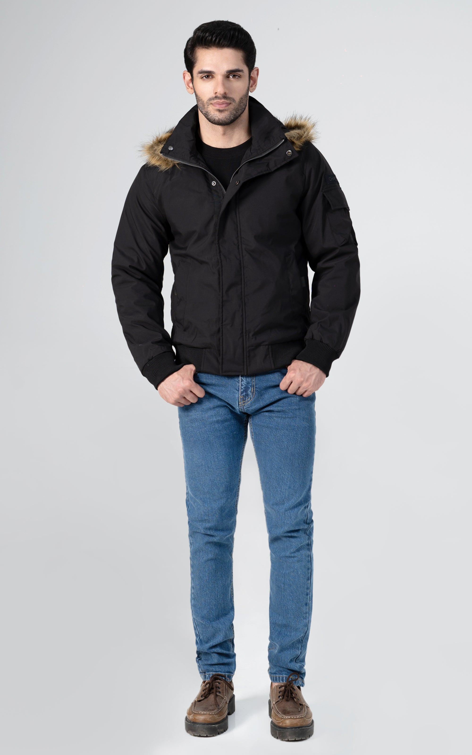 HOODED PUFFER BOMBER JACKET BLACK