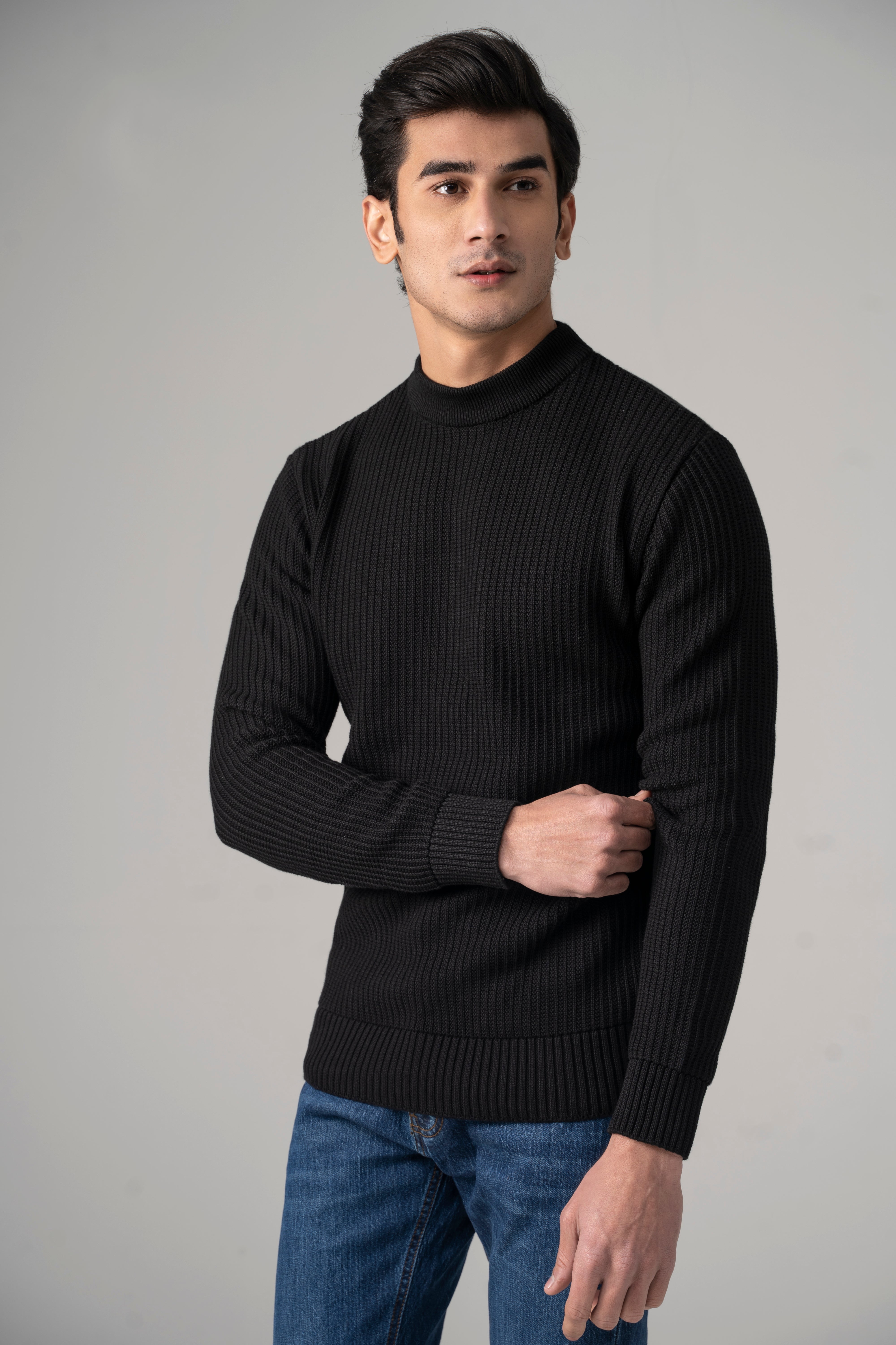 Shop Knitted Mock Neck Black For Men Online - Main Image