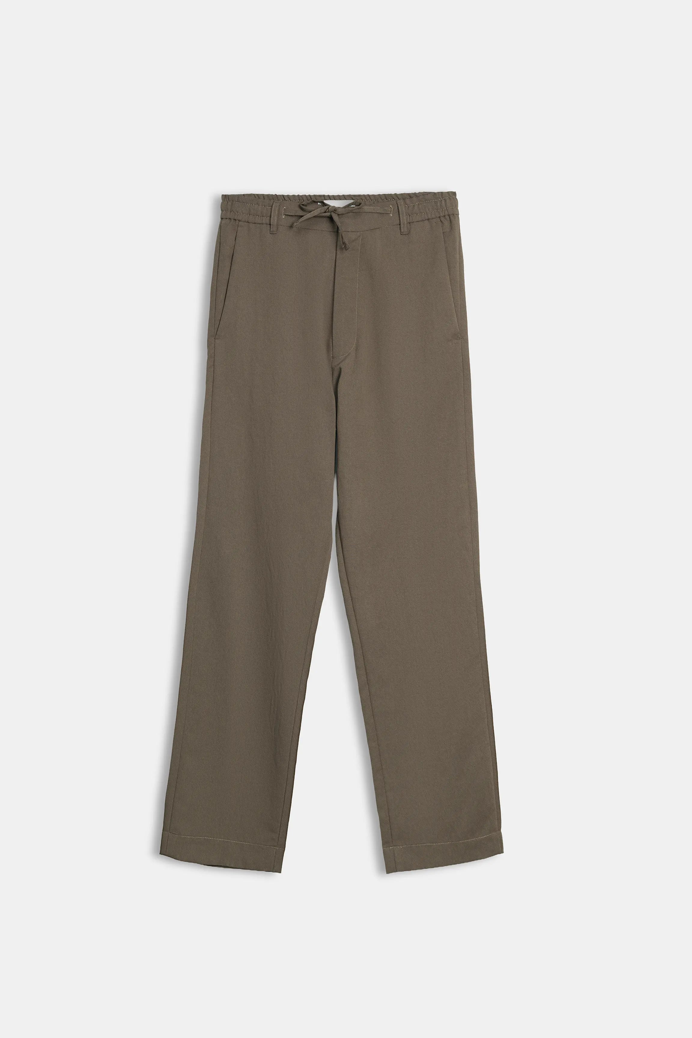 Brown straight-fit pants with elastic waistband and drawstring ties, full view