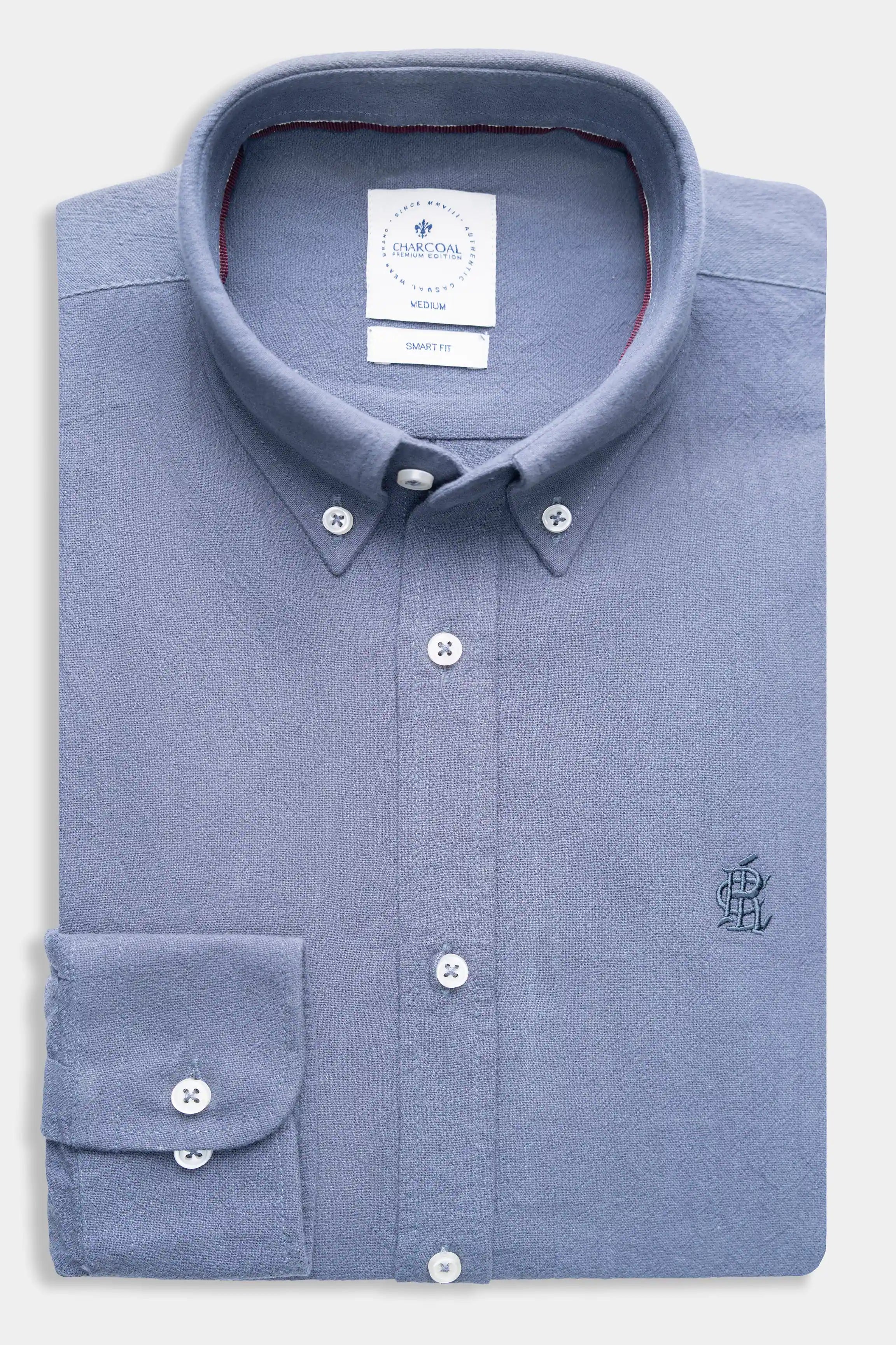Grey button-up smart shirt with point collar and chest logo embroidery