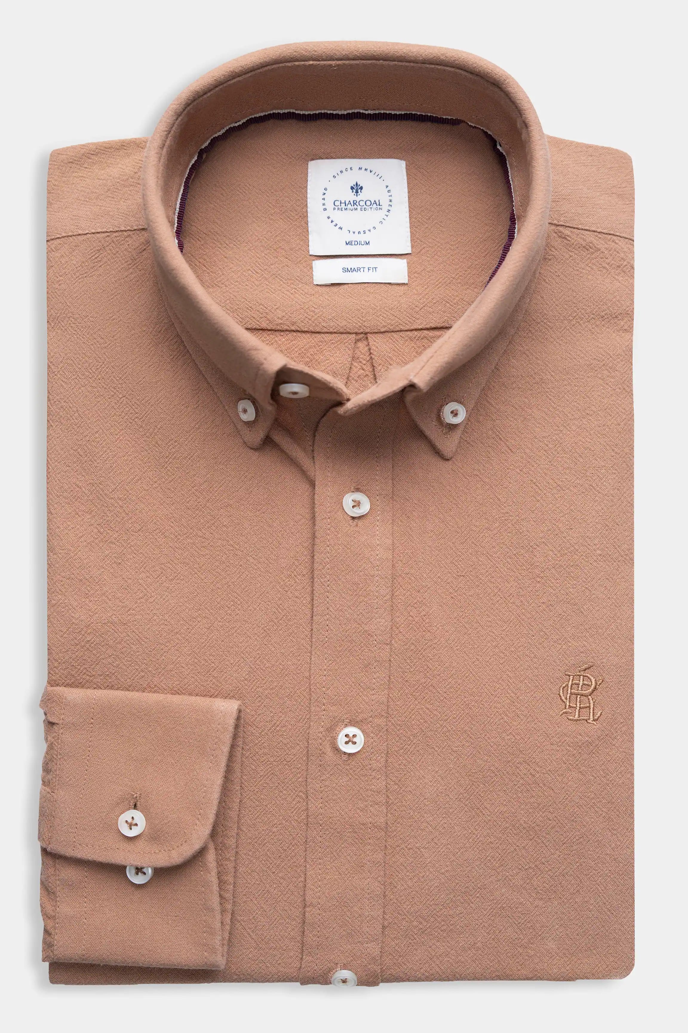 Brown button-front dress shirt with spread collar, chest logo, and brand label inside