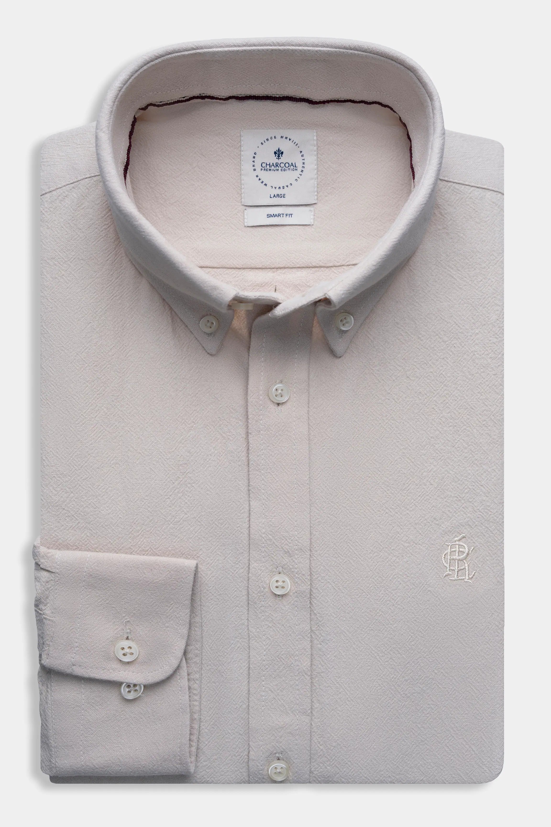 Beige button-up dress shirt with collar and chest logo
