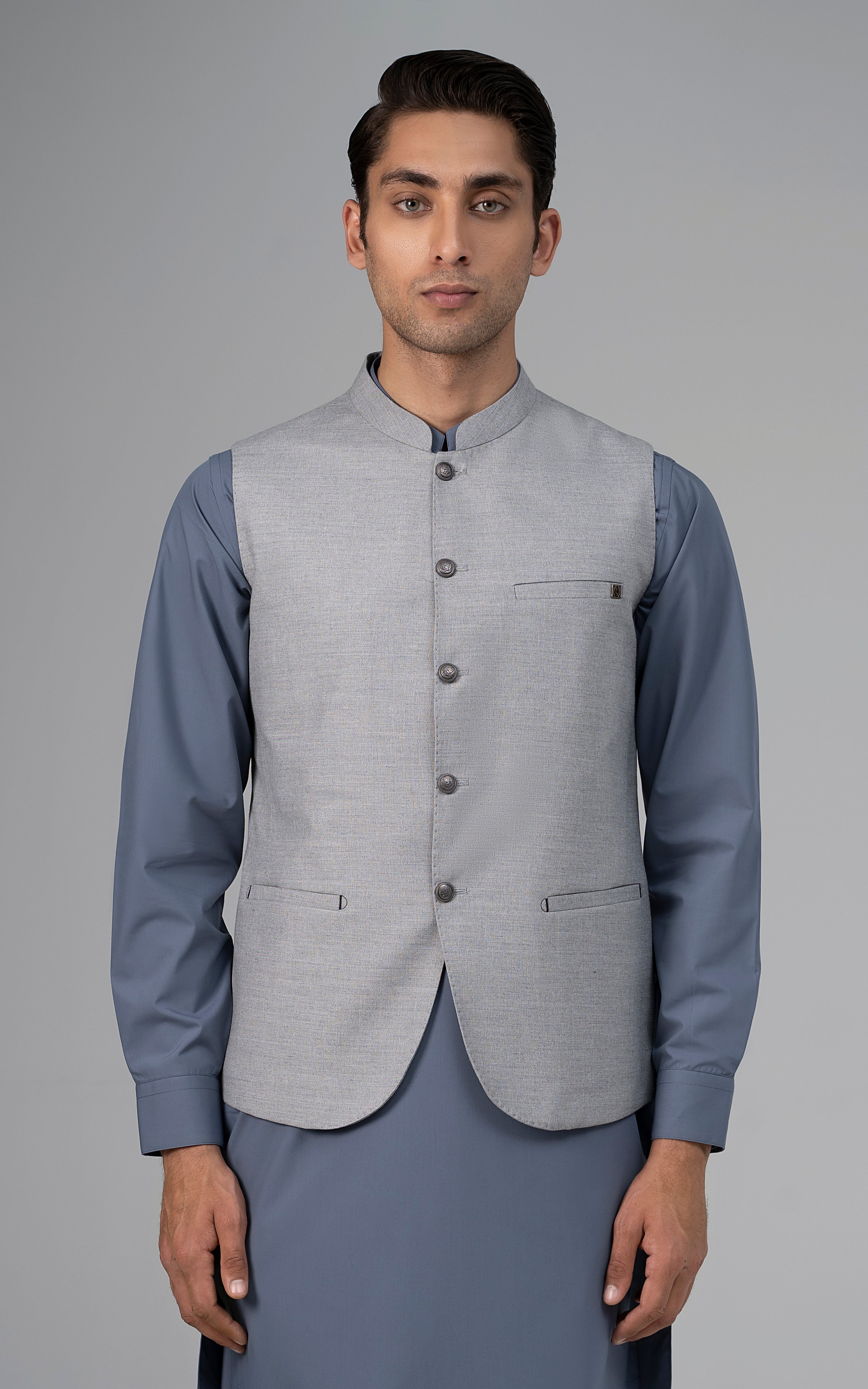 Grey Linen Shirt with Black Suiting Nehru Jacket Set – archerslounge