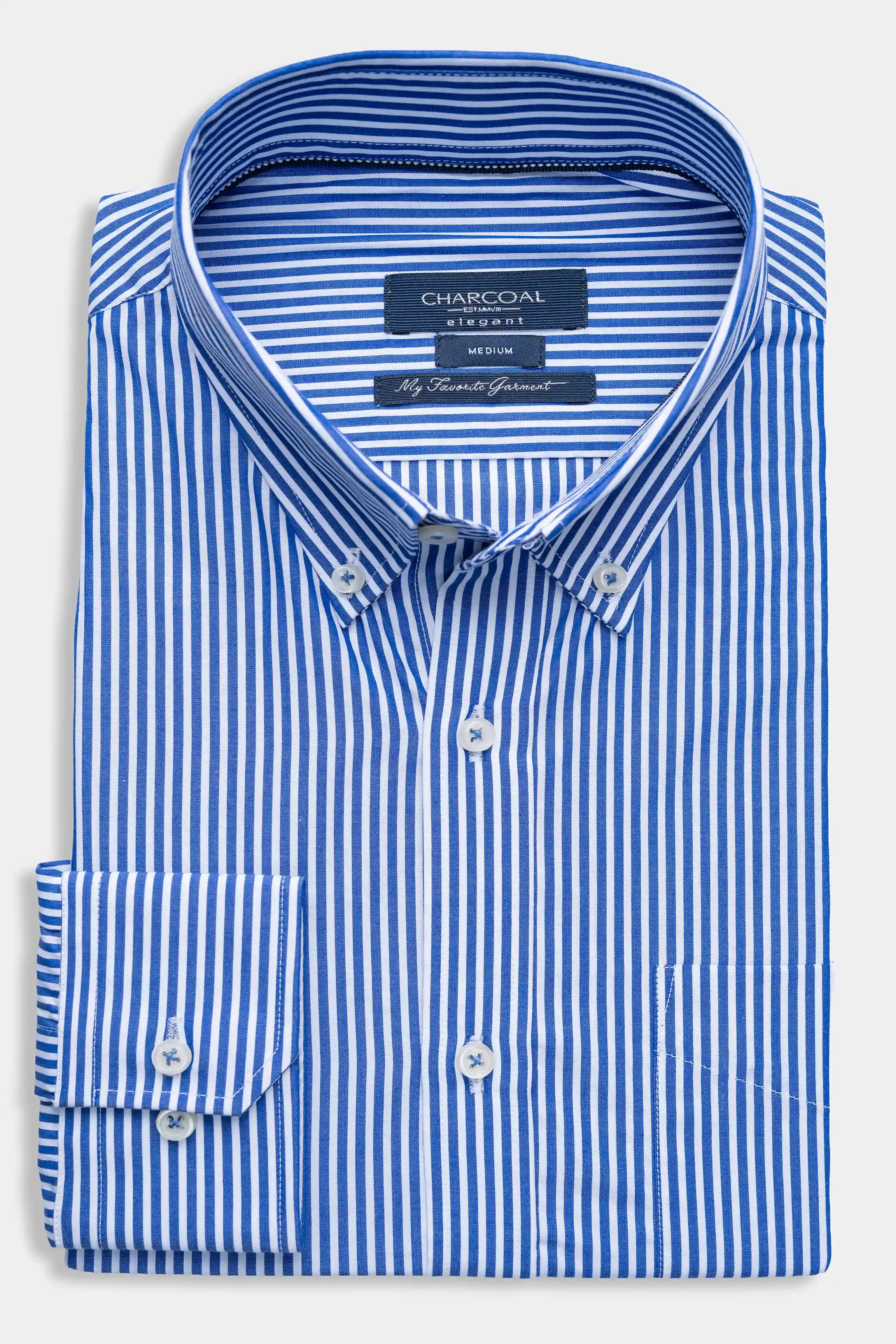 Blue and white striped semi-formal dress shirt with button-down collar