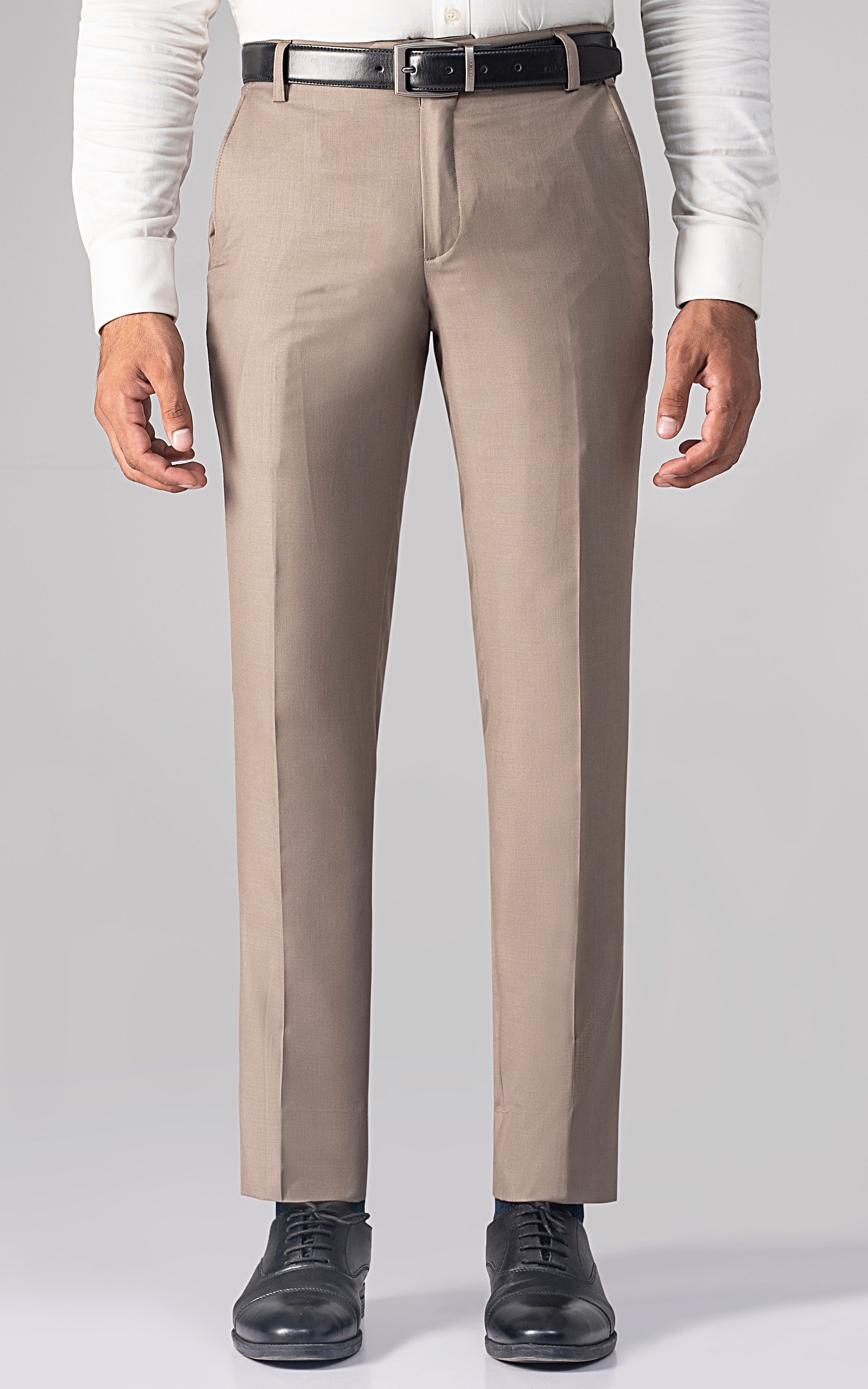 Light khaki dress pants with crease front, belt loops, straight fit