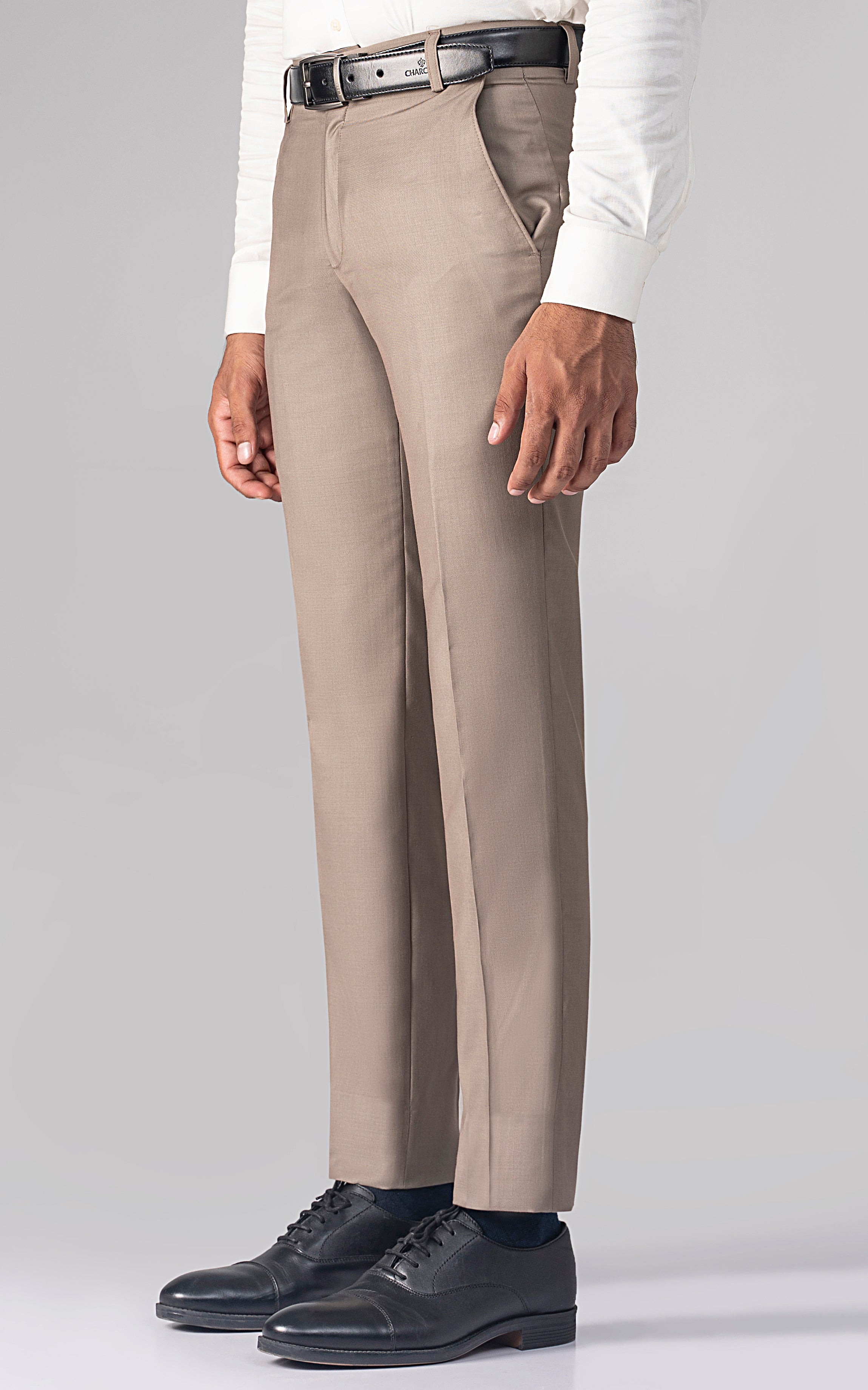 Light khaki dress pants with belt loops, straight legs, front pleat detail