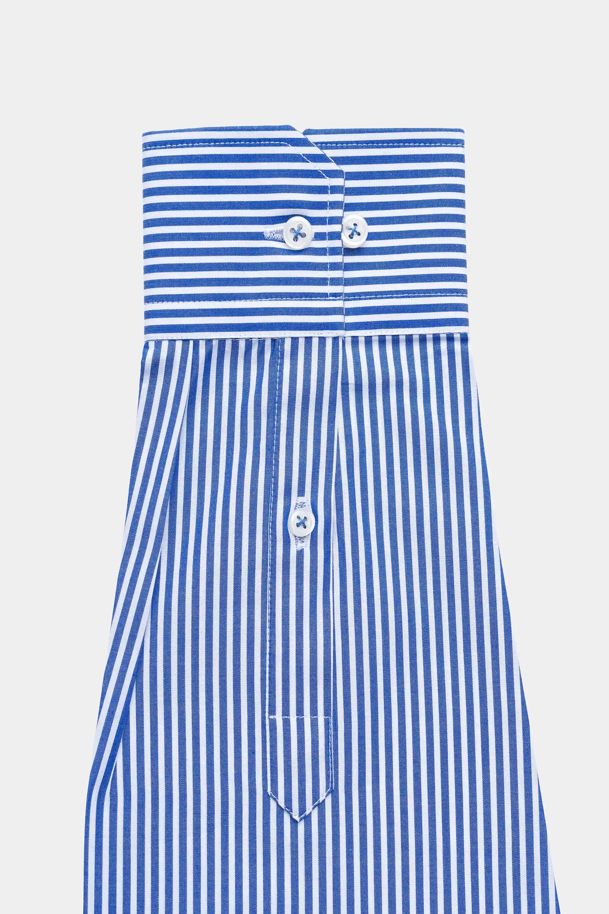 Blue and white striped dress shirt front with button placket and stand collar