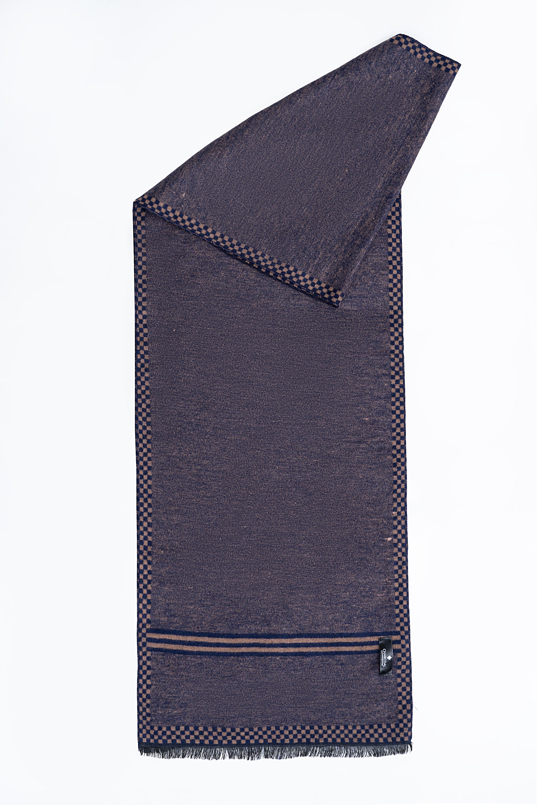 Dark navy scarf with stitched border, plaid stripe, and fringed hem