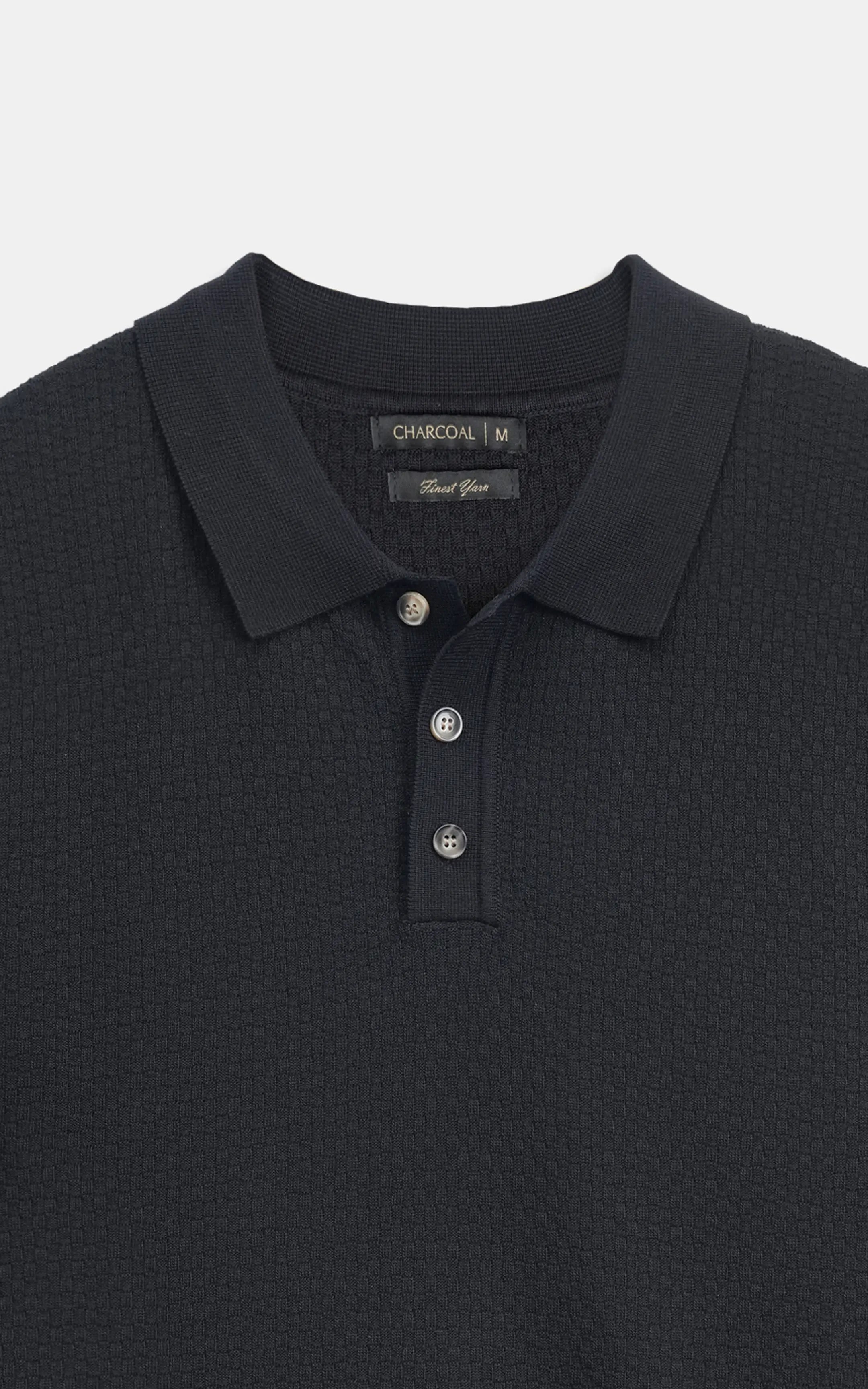 SWEATER KNIT SELF TEXTURED POLO BLACK