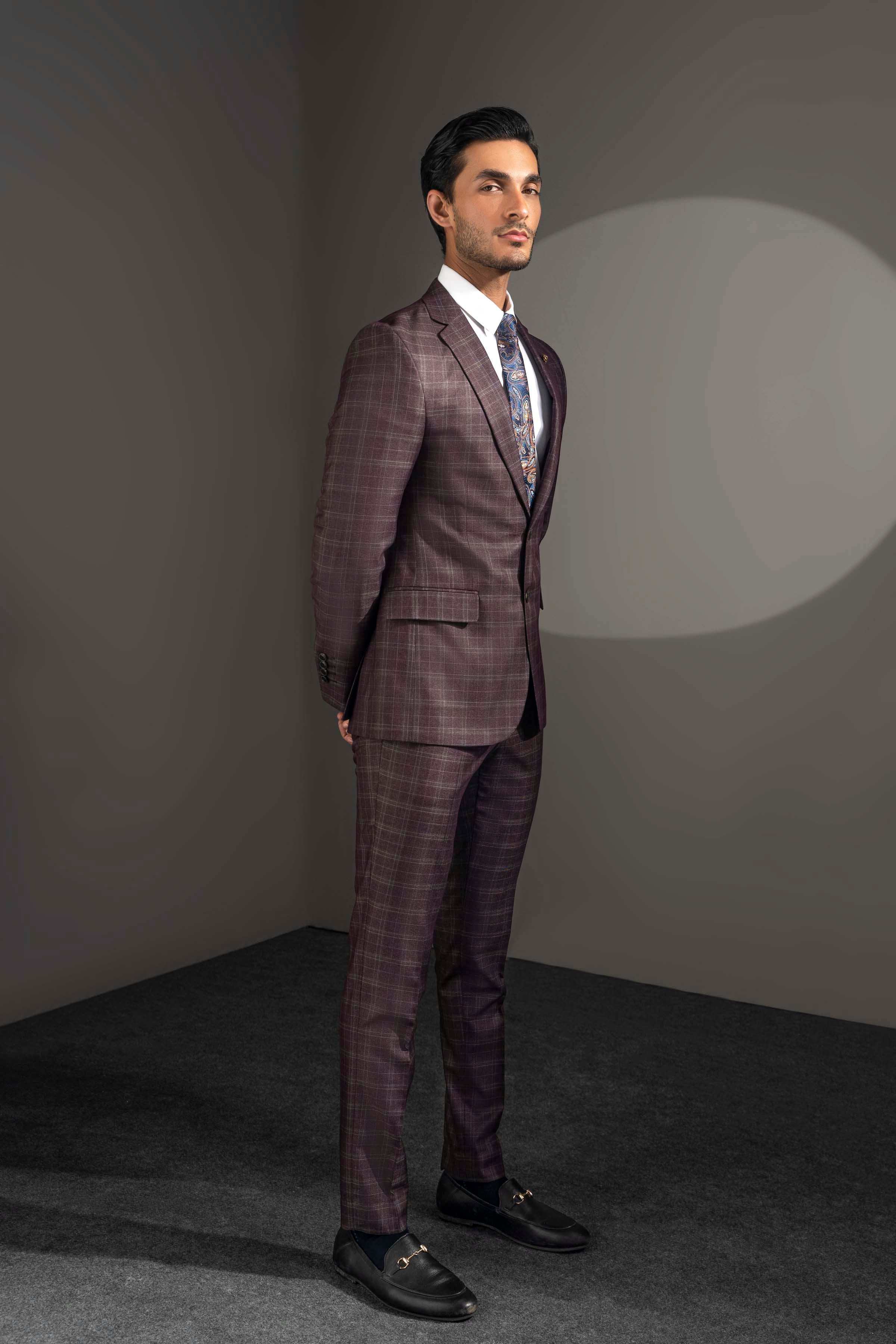 Men's 2-piece suit dark maroon plaid, side view with notched lapels and trousers