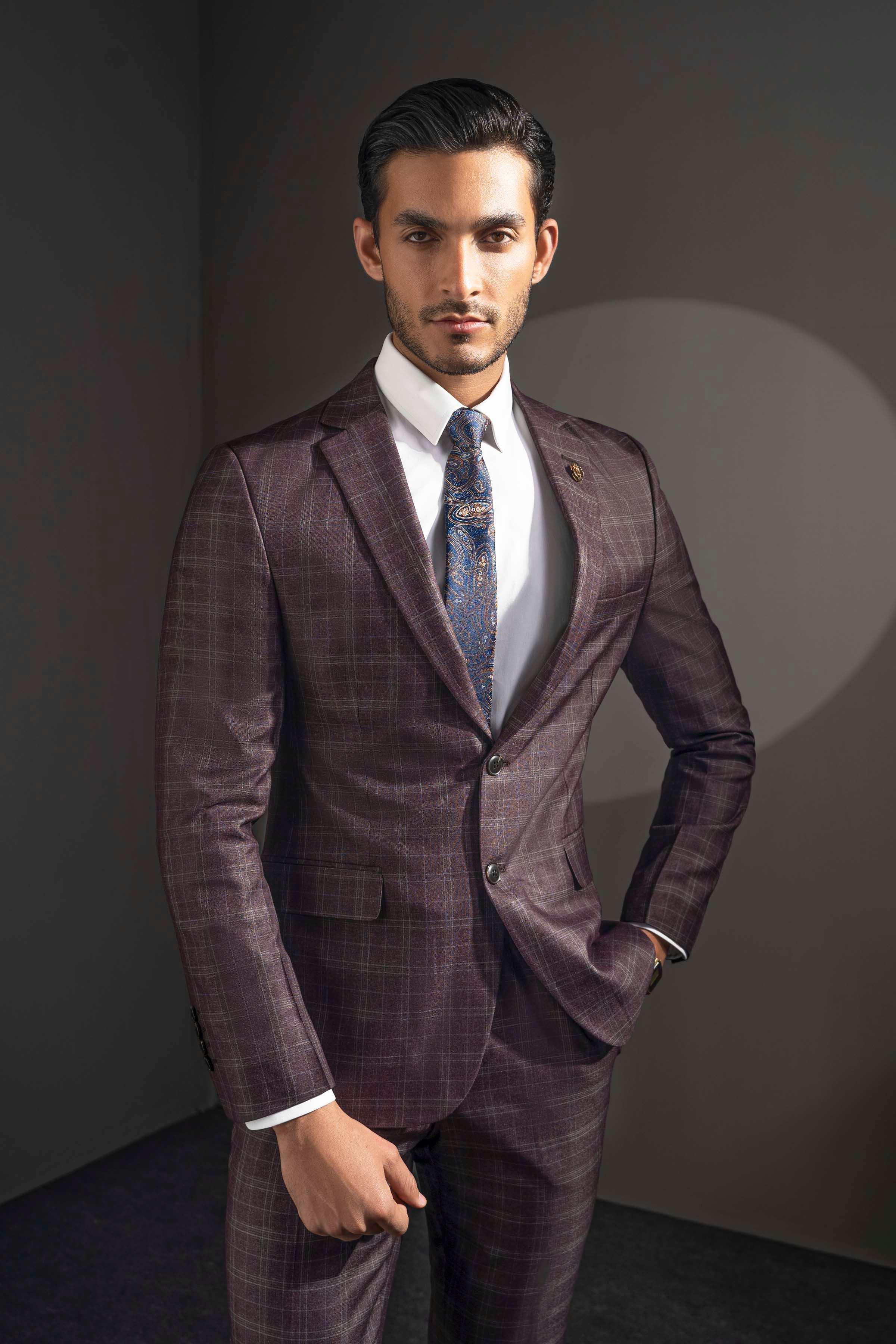 Men's 2-piece suit dark maroon plaid, front view with two-button jacket and trousers