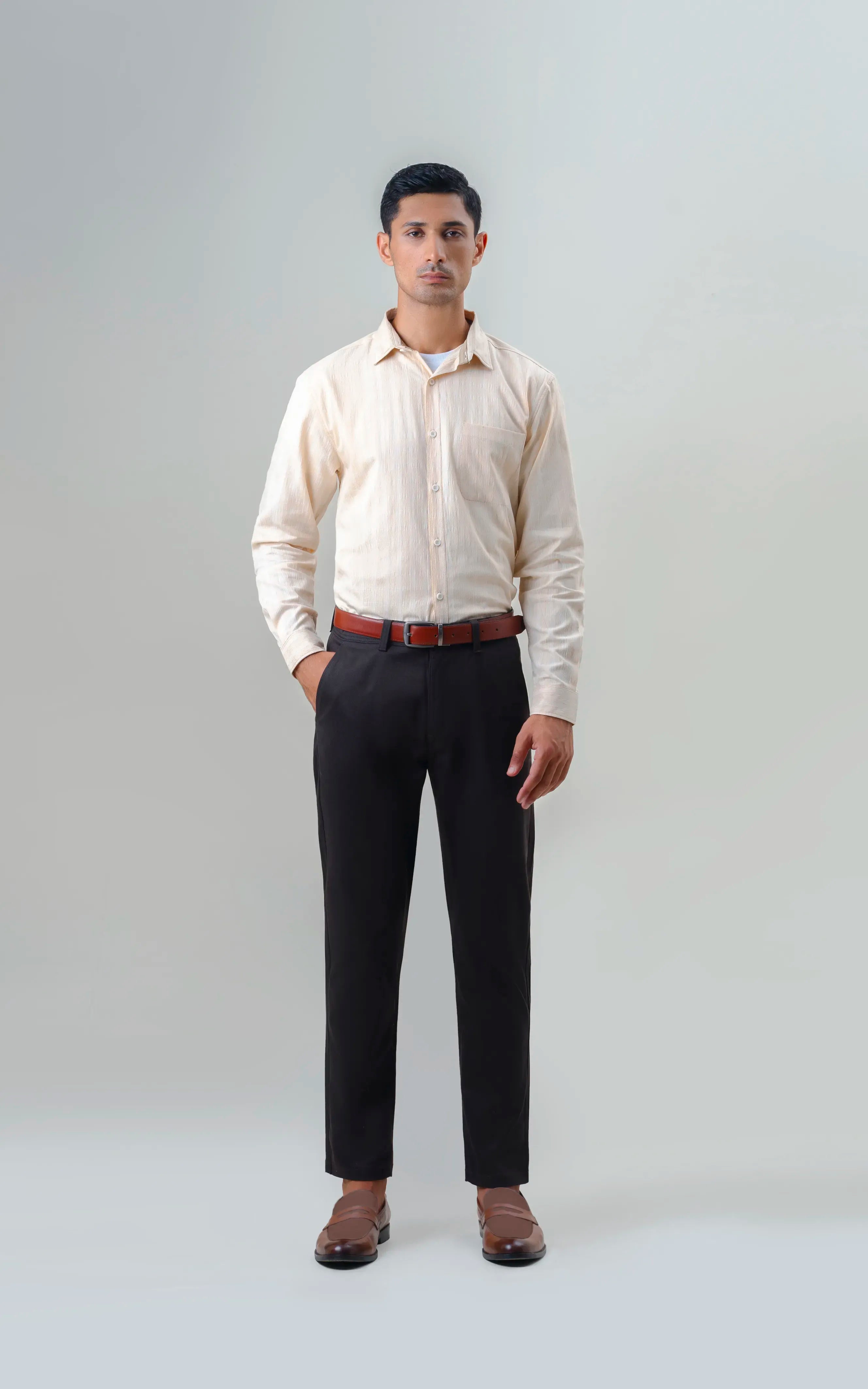 TEXTURED REGULAR FIT CASUAL PANT BROWN