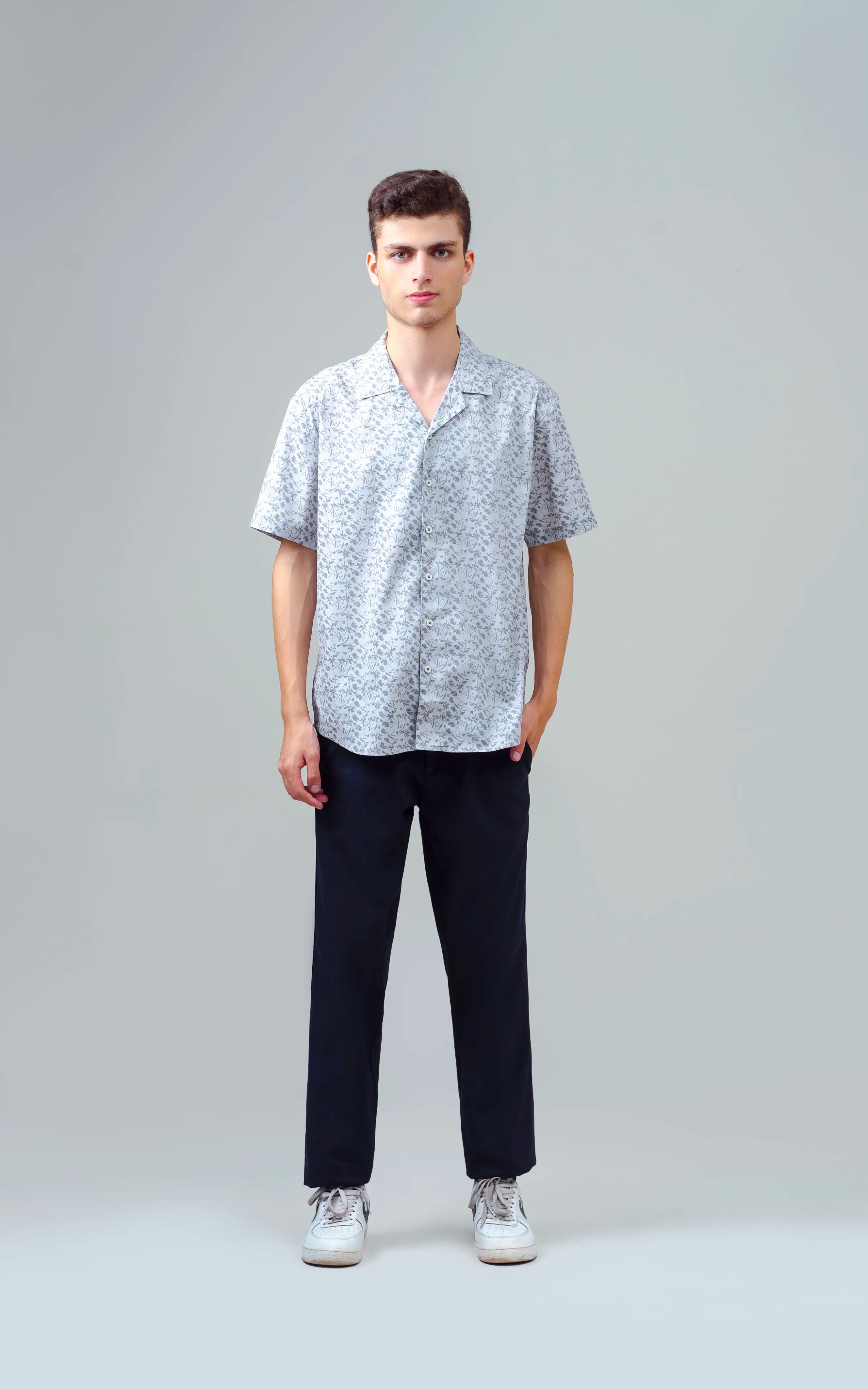 CUBAN COLLAR SHORT SLEEVES SHIRT GREY PRINTED