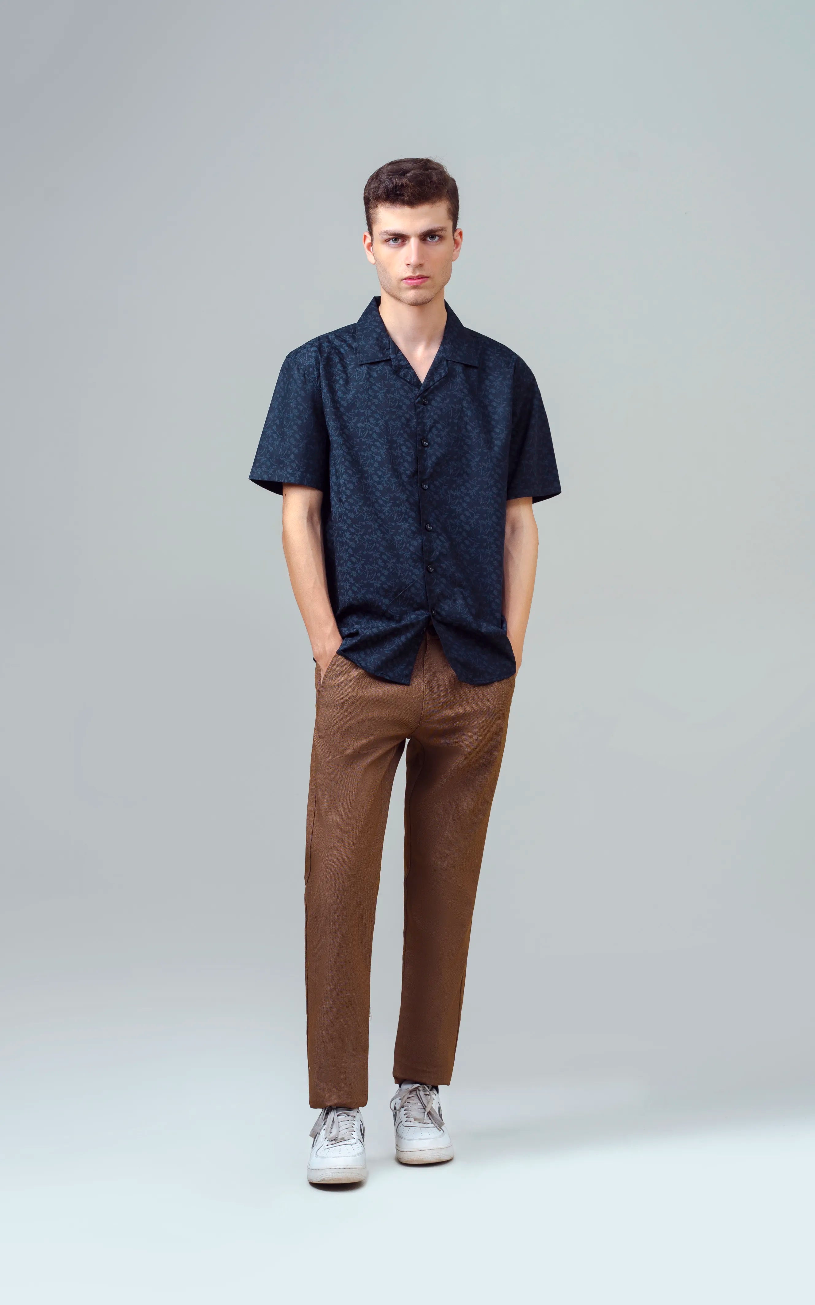 CUBAN COLLAR SHORT SLEEVES SHIRT BLACK PRINTED