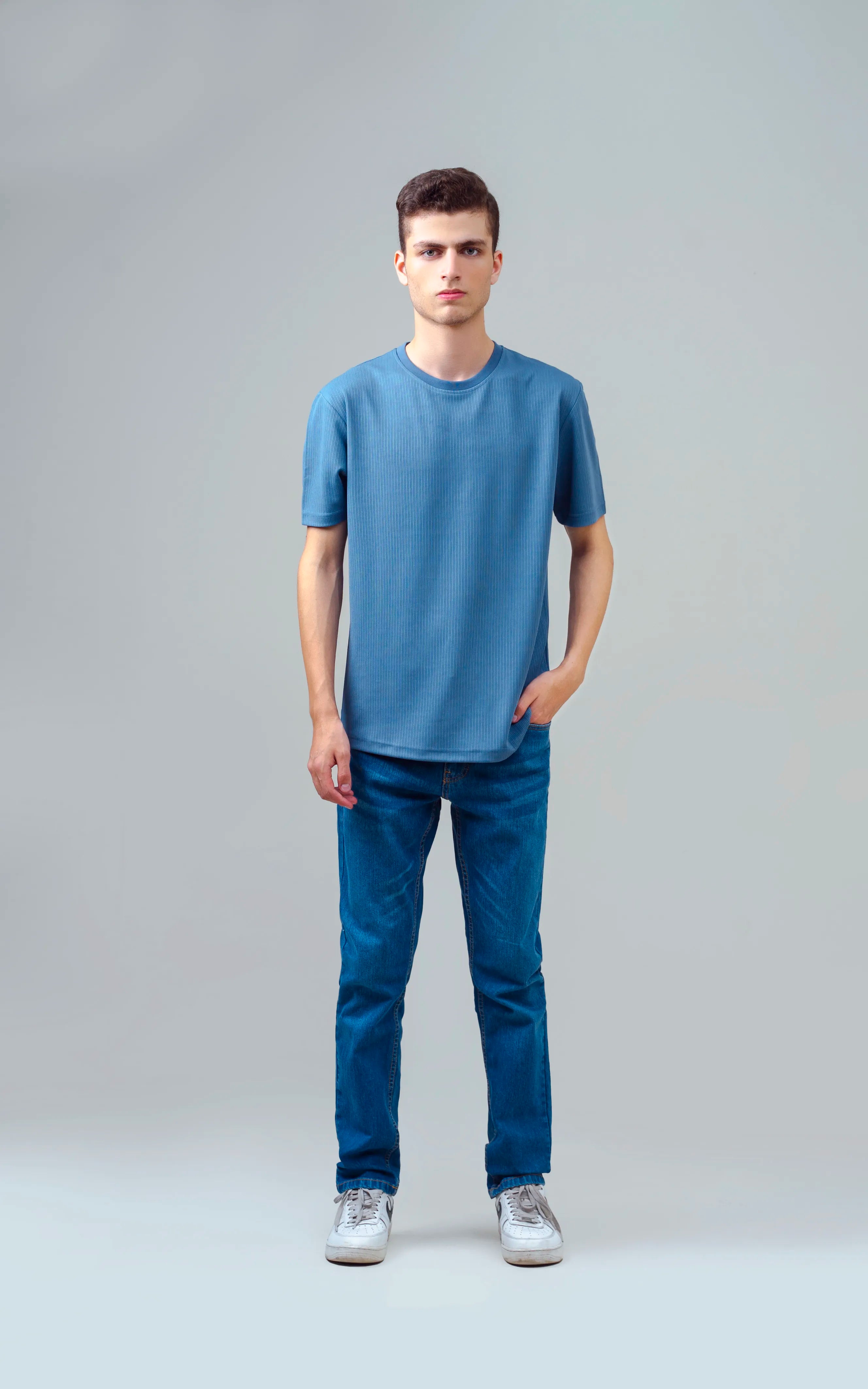 SELF STRIPED CREW NECK T SHIRT BLUE