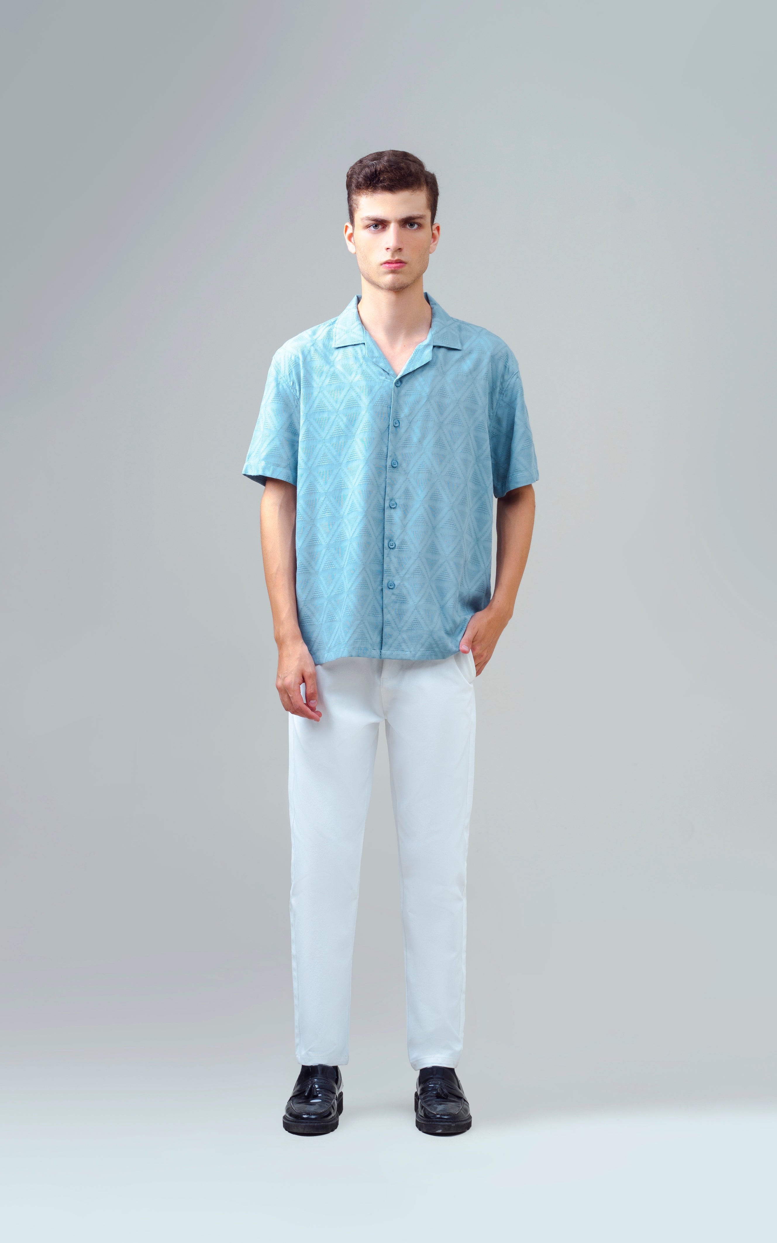 CUBAN COLLAR SHORT SLEEVES SHIRT AQUA BLUE