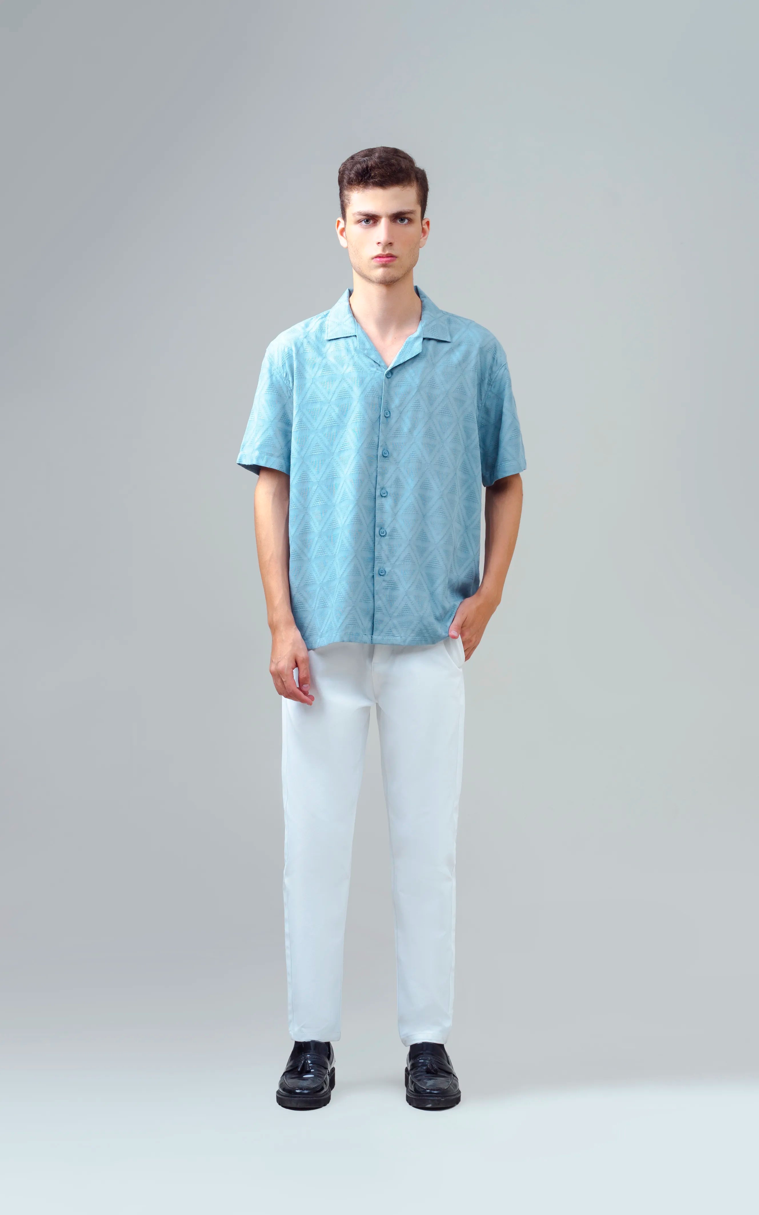 CUBAN COLLAR SHORT SLEEVES SHIRT AQUA BLUE
