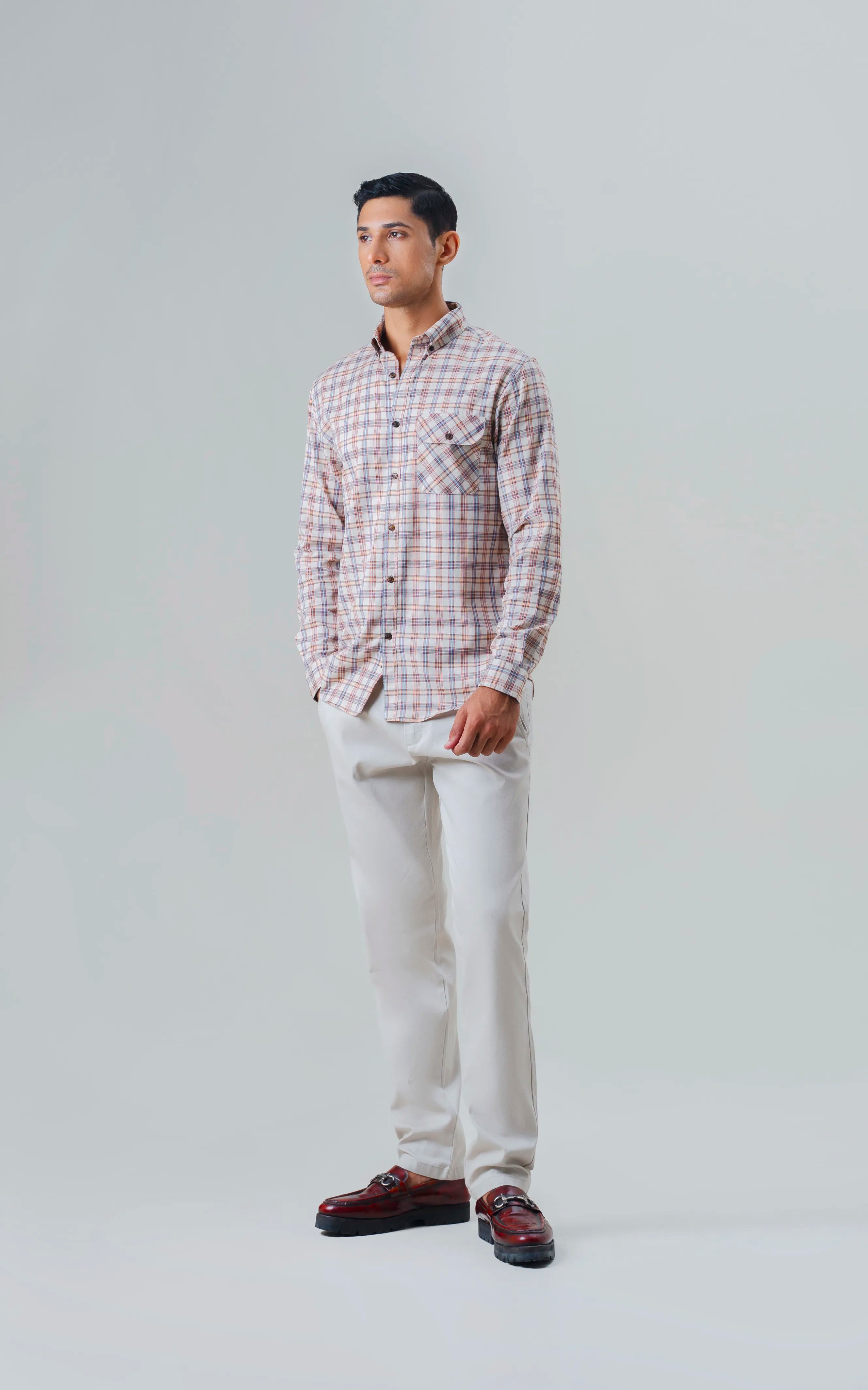 SMART FIT CHECKED CASUAL SHIRT KHAKI RUST
