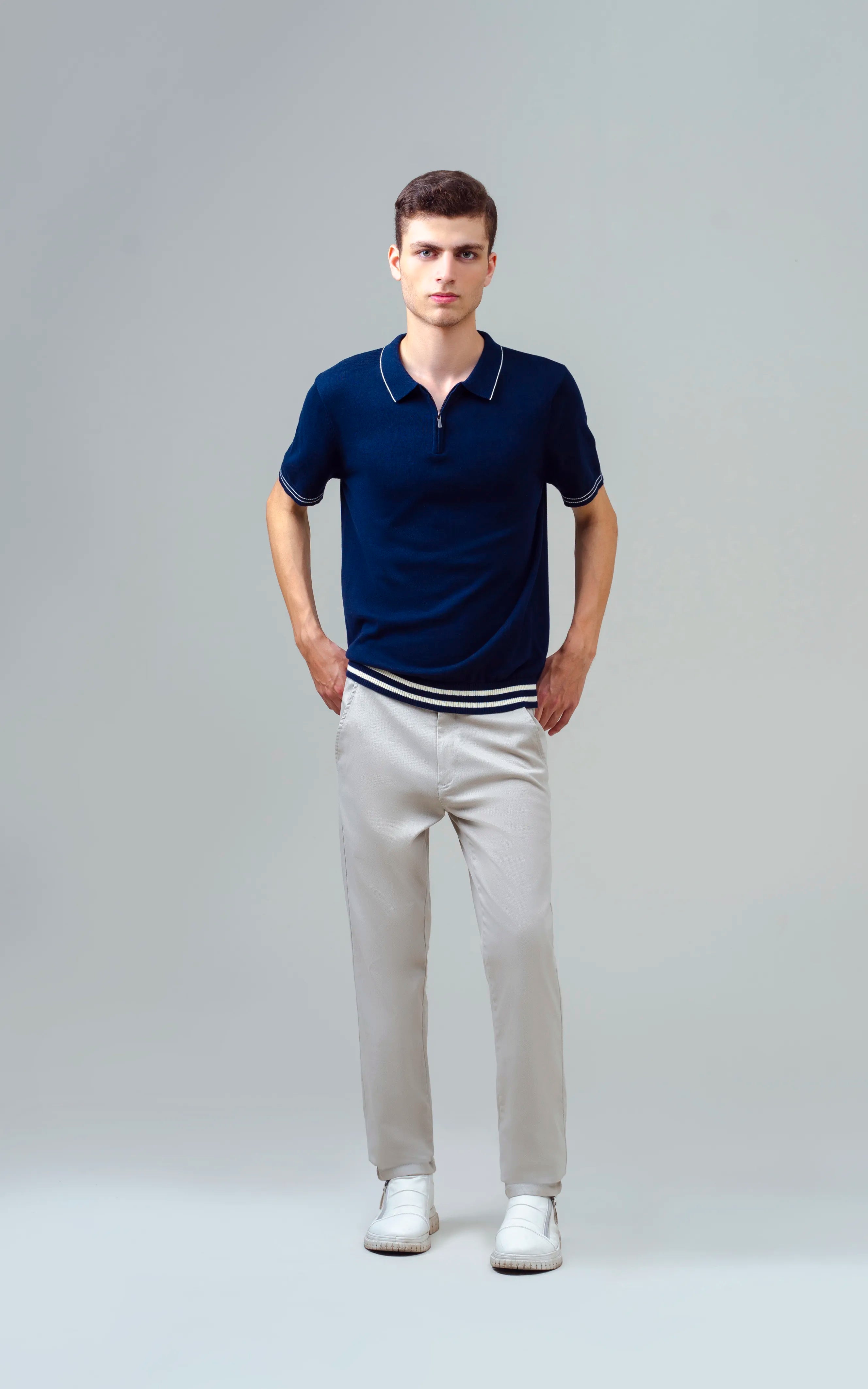 KNITTED TIPPING COLLAR ZIP POLO SHIRT NAVY
