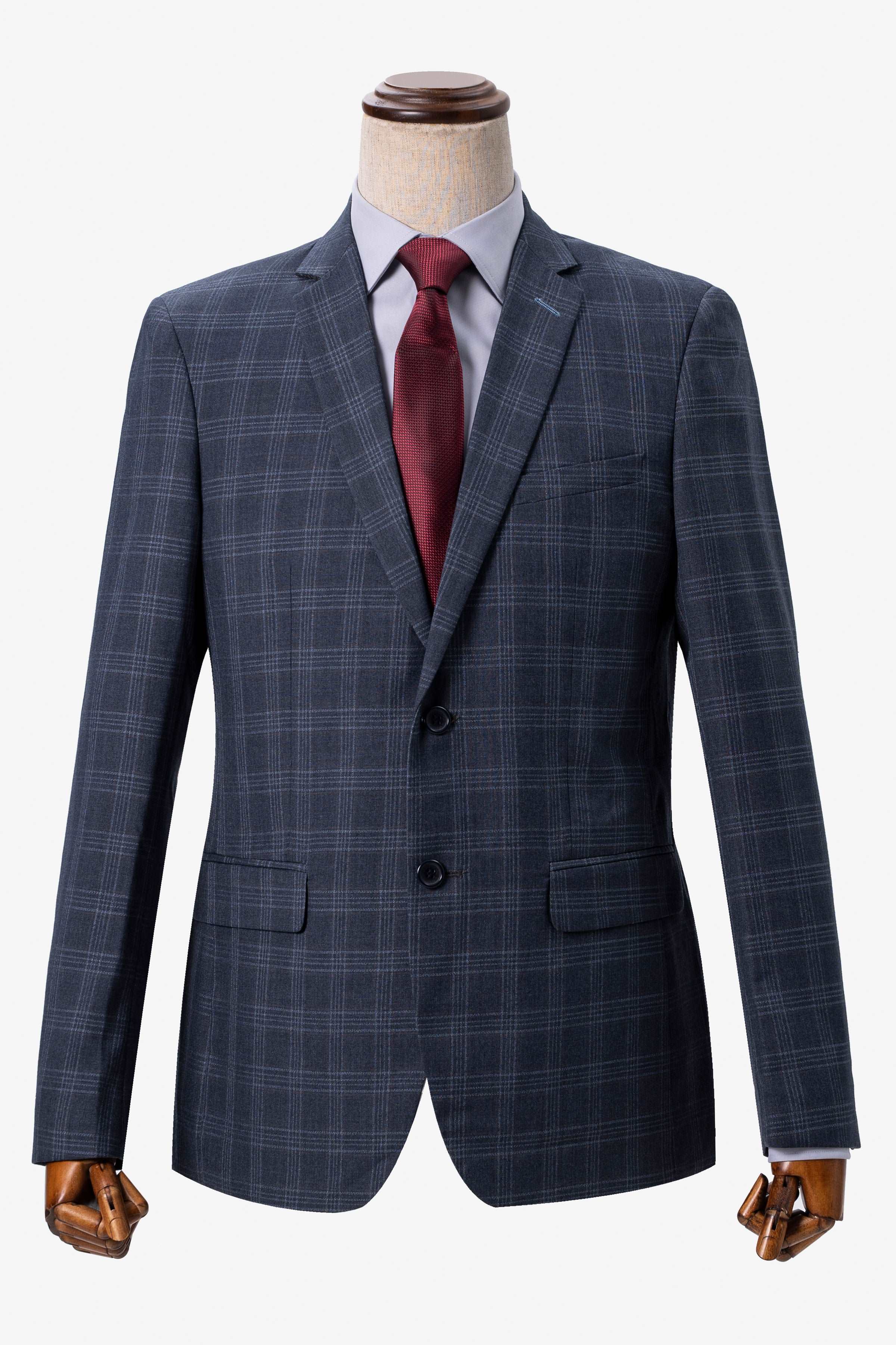 Blue-gray plaid suit jacket with notched lapel and two-button front