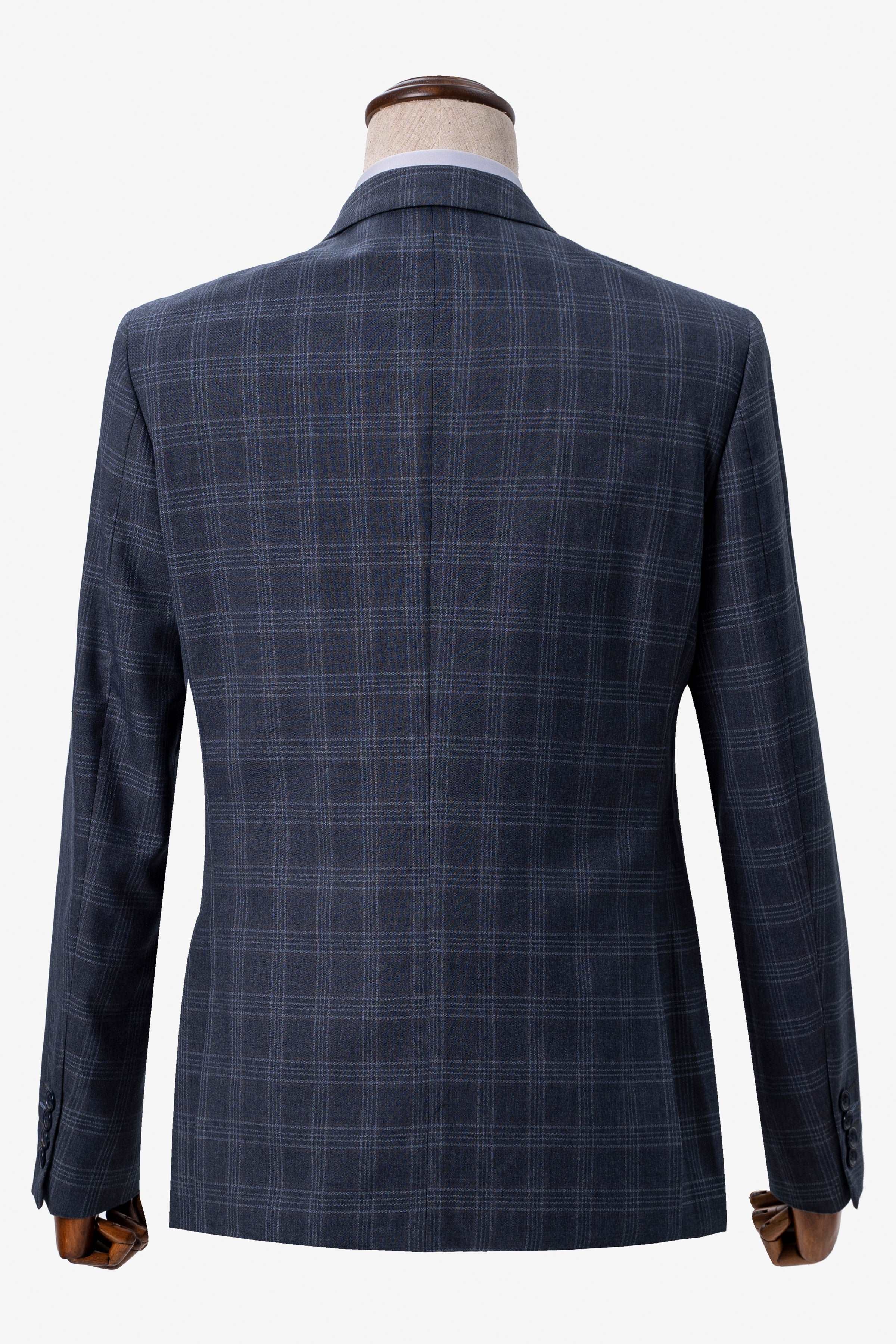 Blue-gray plaid suit jacket back view with center seam