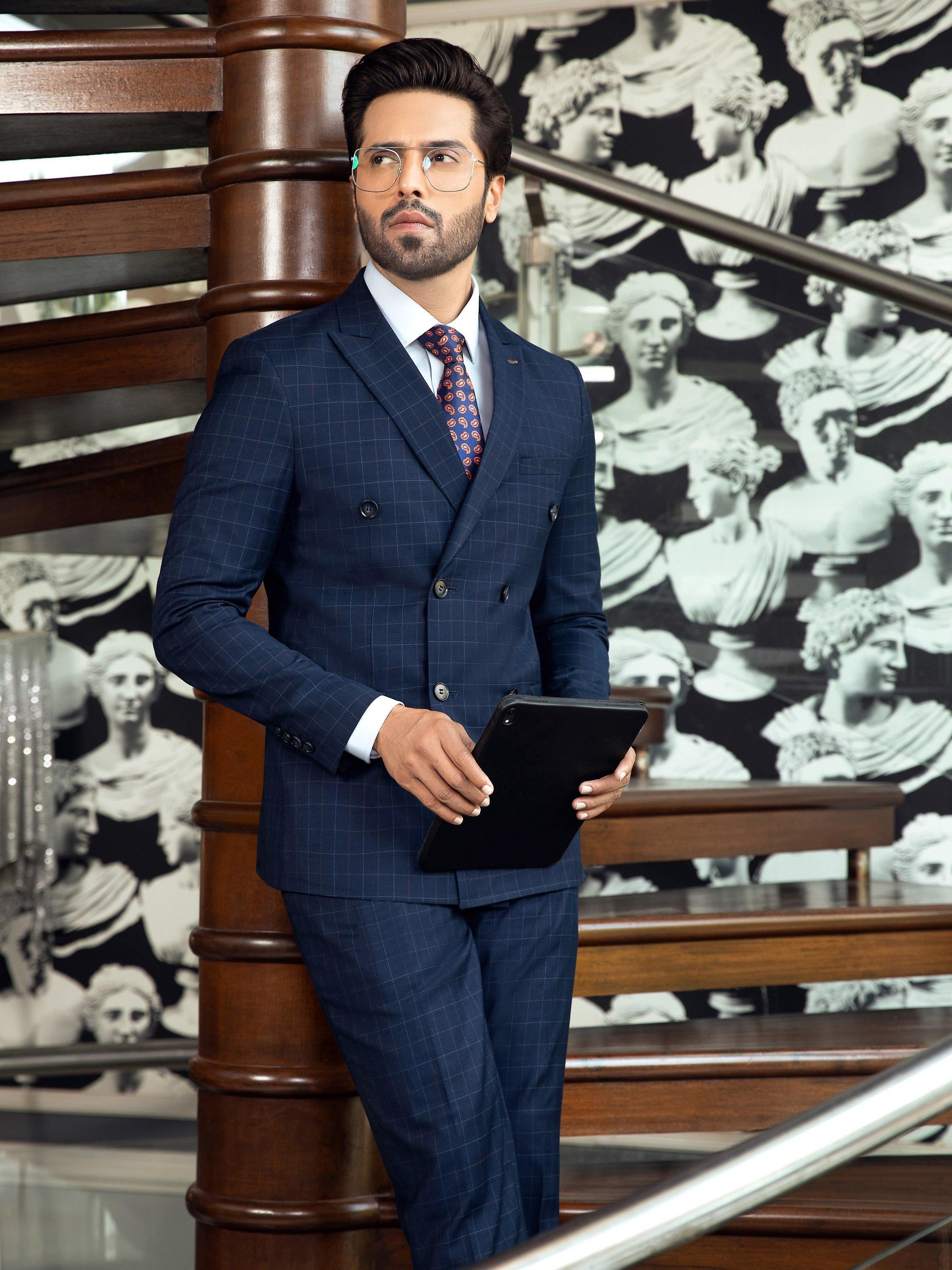 2 PIECE SUIT DOUBLE BREASTED SLIM FIT NAVY at Charcoal Clothing