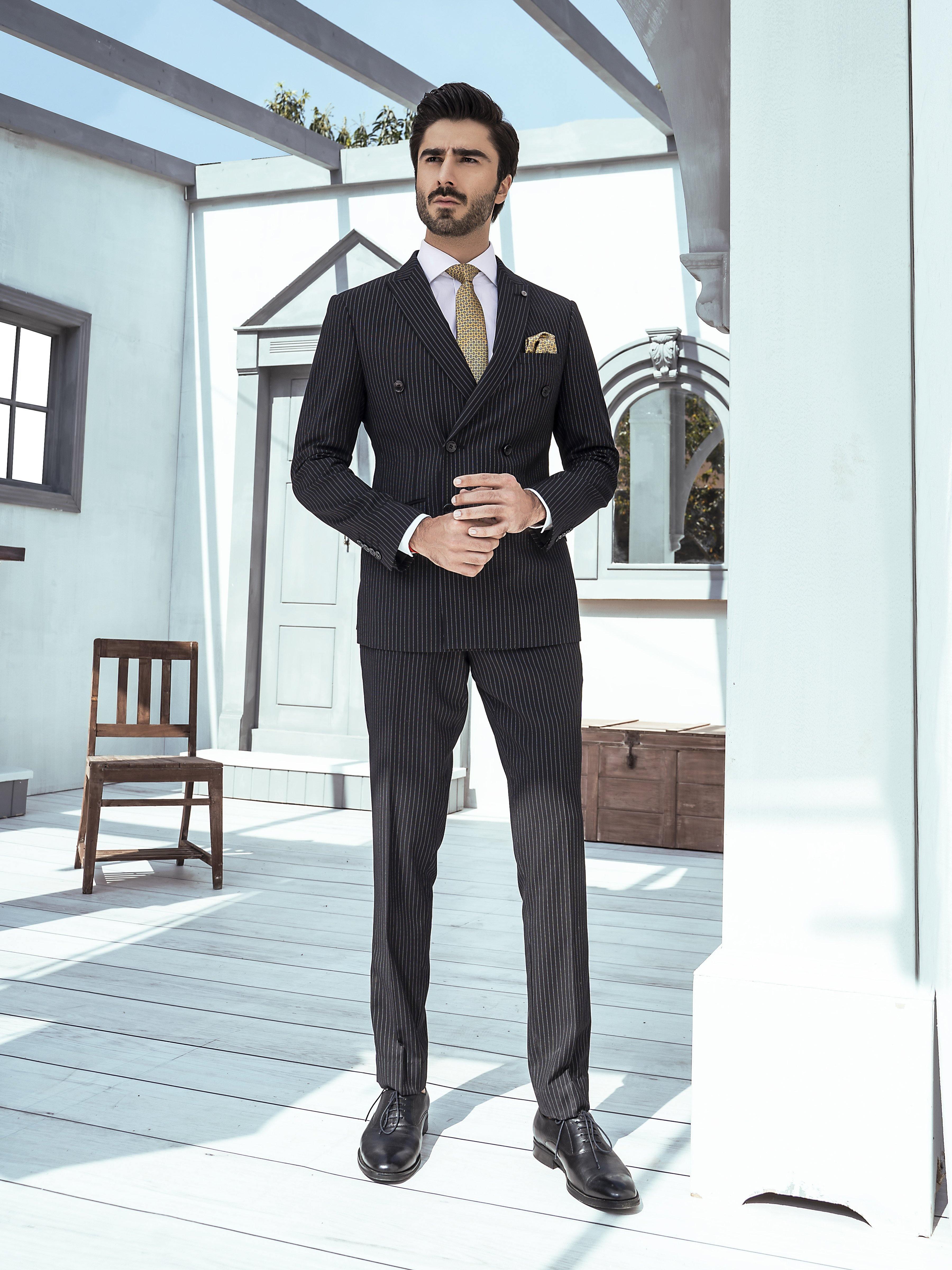 2 PIECE SUIT SLIM FIT LINNING DOUBLE BREAST NAVY at Charcoal Clothing