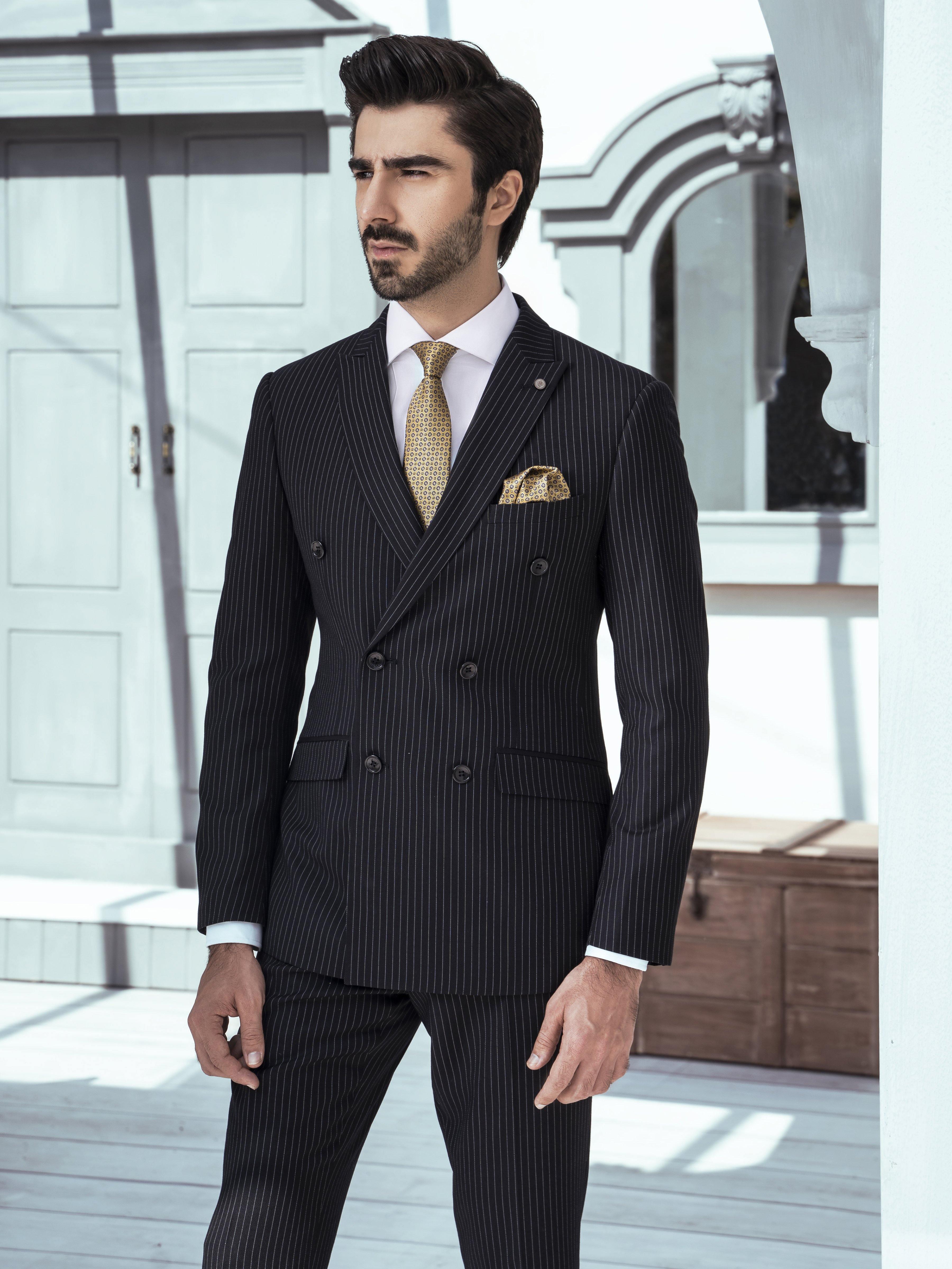 2 PIECE SUIT SLIM FIT LINNING DOUBLE BREAST NAVY at Charcoal Clothing