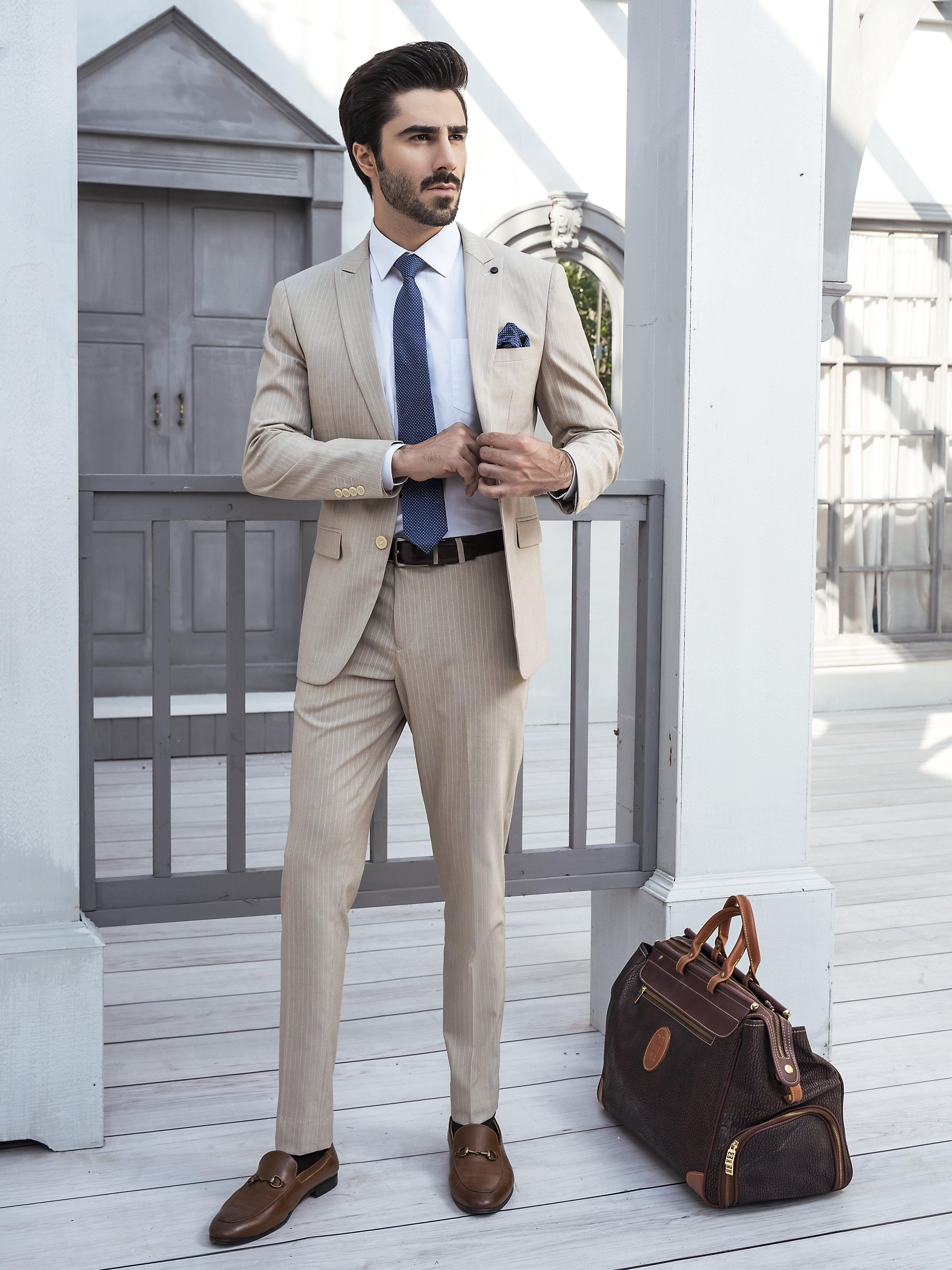 2 PIECE SUIT SLIM FIT LINNING LIGHT KHAKI at Charcoal Clothing