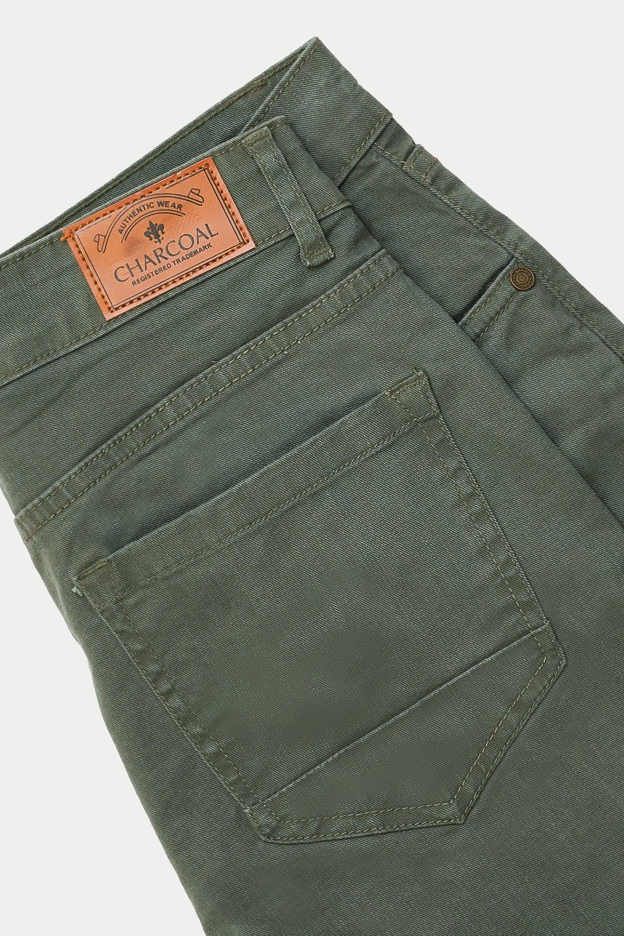 Green 5-pocket pants, orange CHARCOAL label, front slash pocket and belt loops