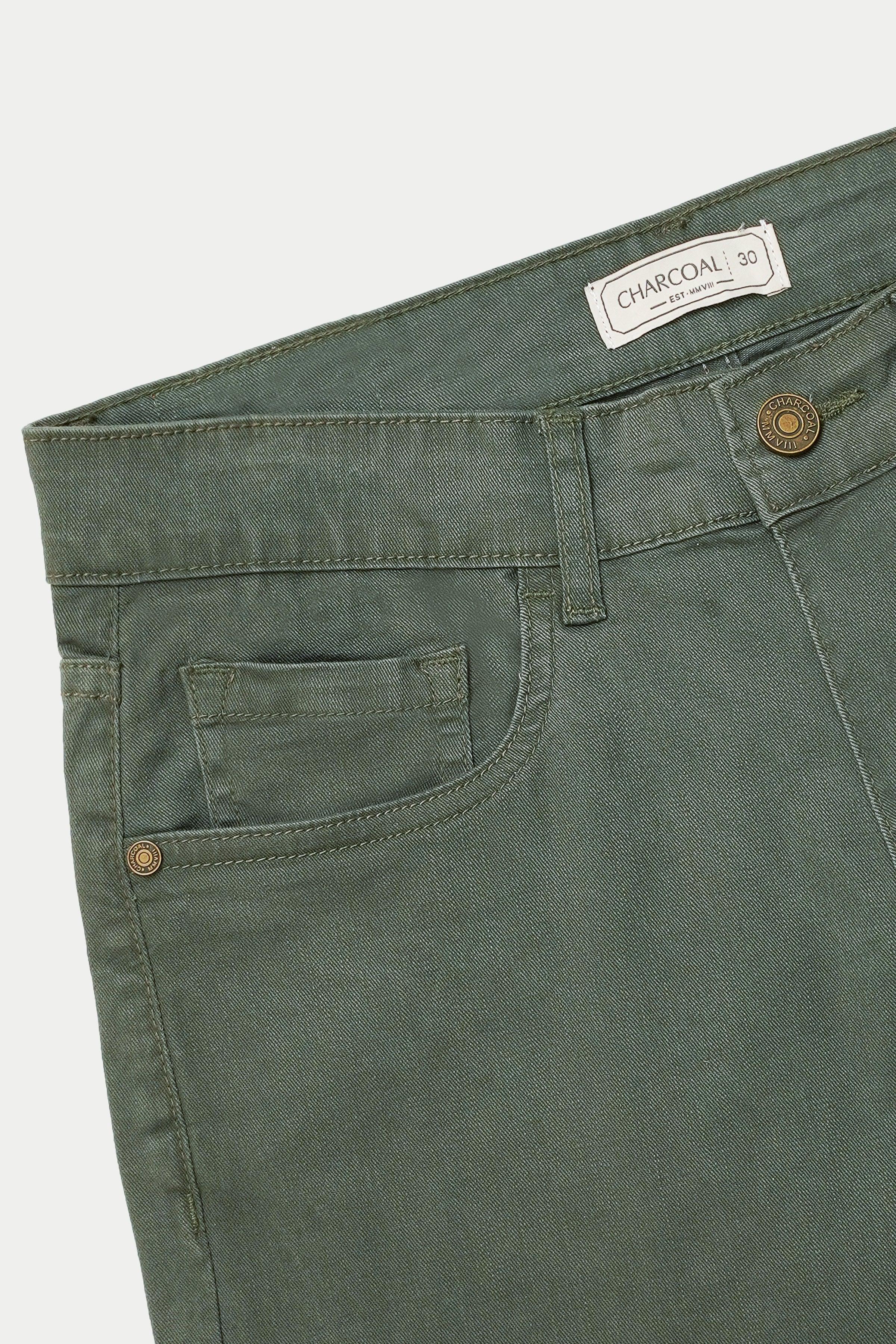 Green 5-pocket pants with logo label, waistband button, and front coin pocket
