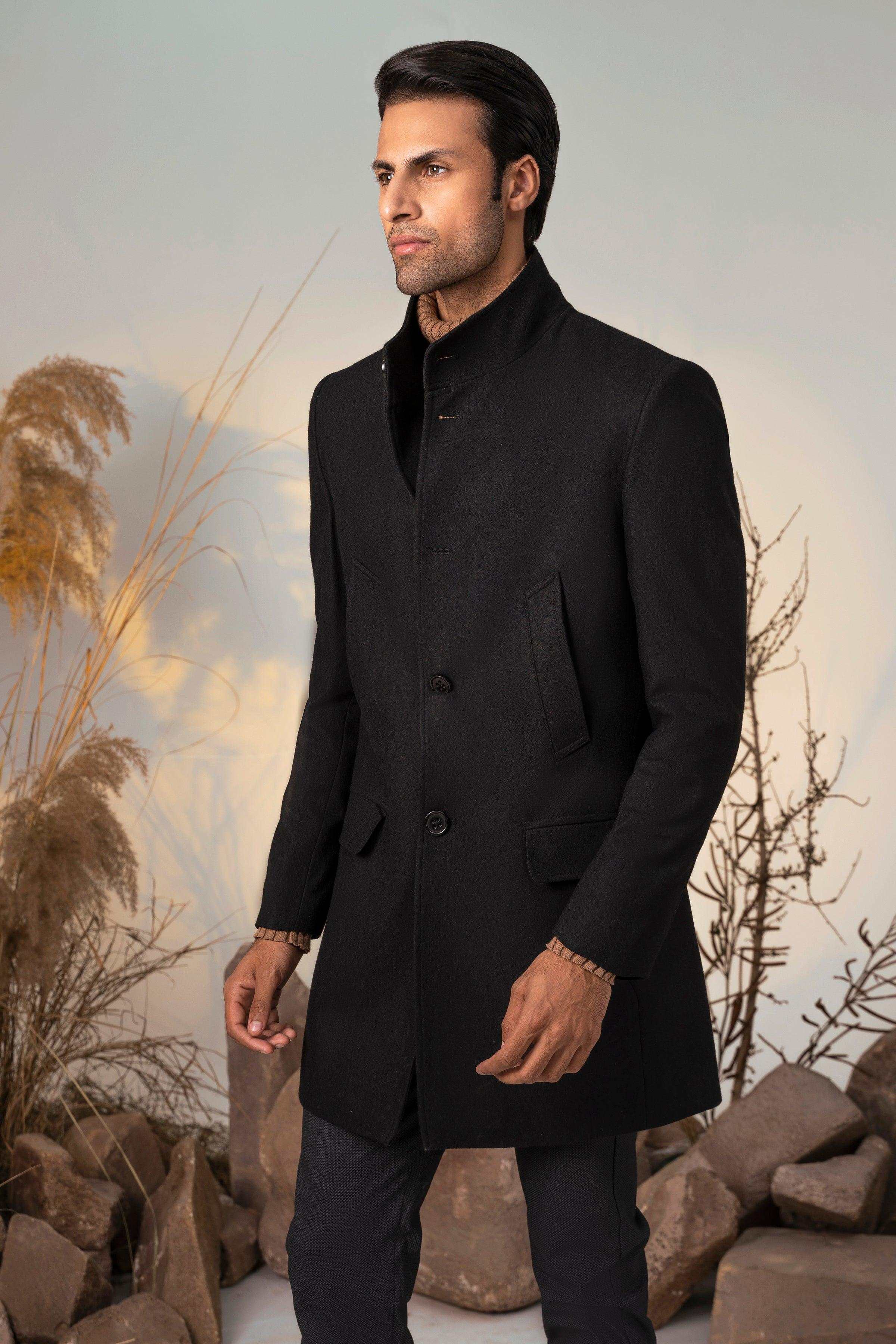 BAN COLLAR LONG COAT BLACK