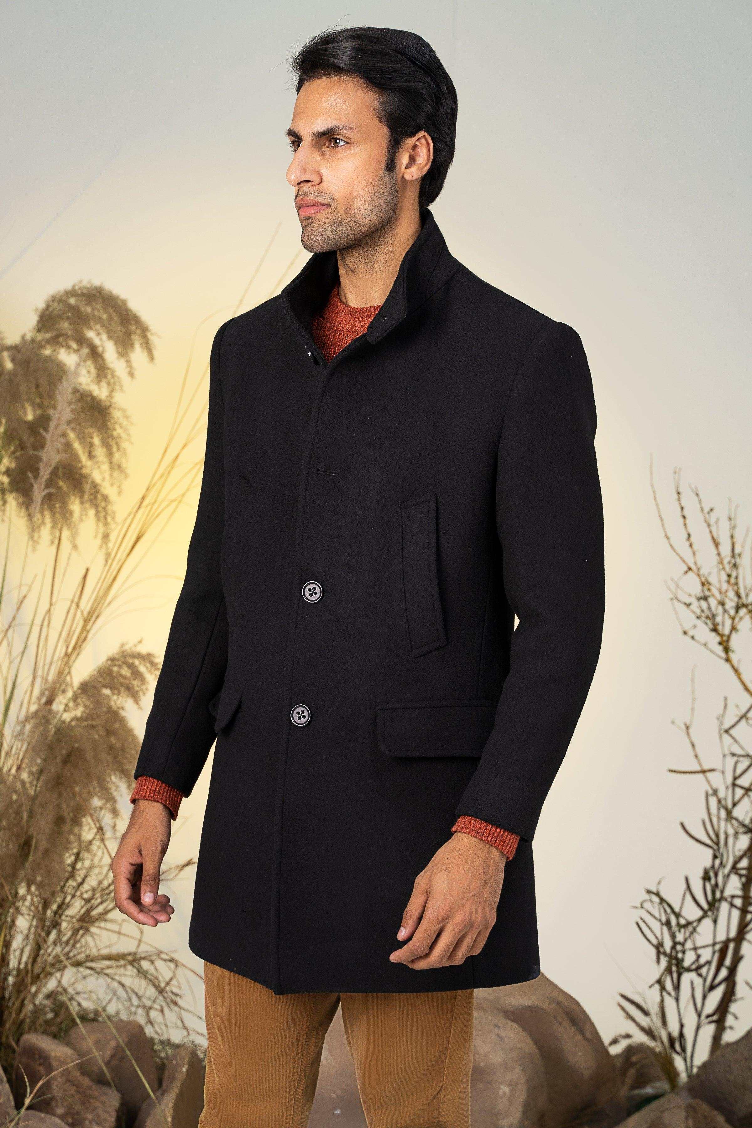 BAN COLLAR LONG COAT BLACK at Charcoal Clothing