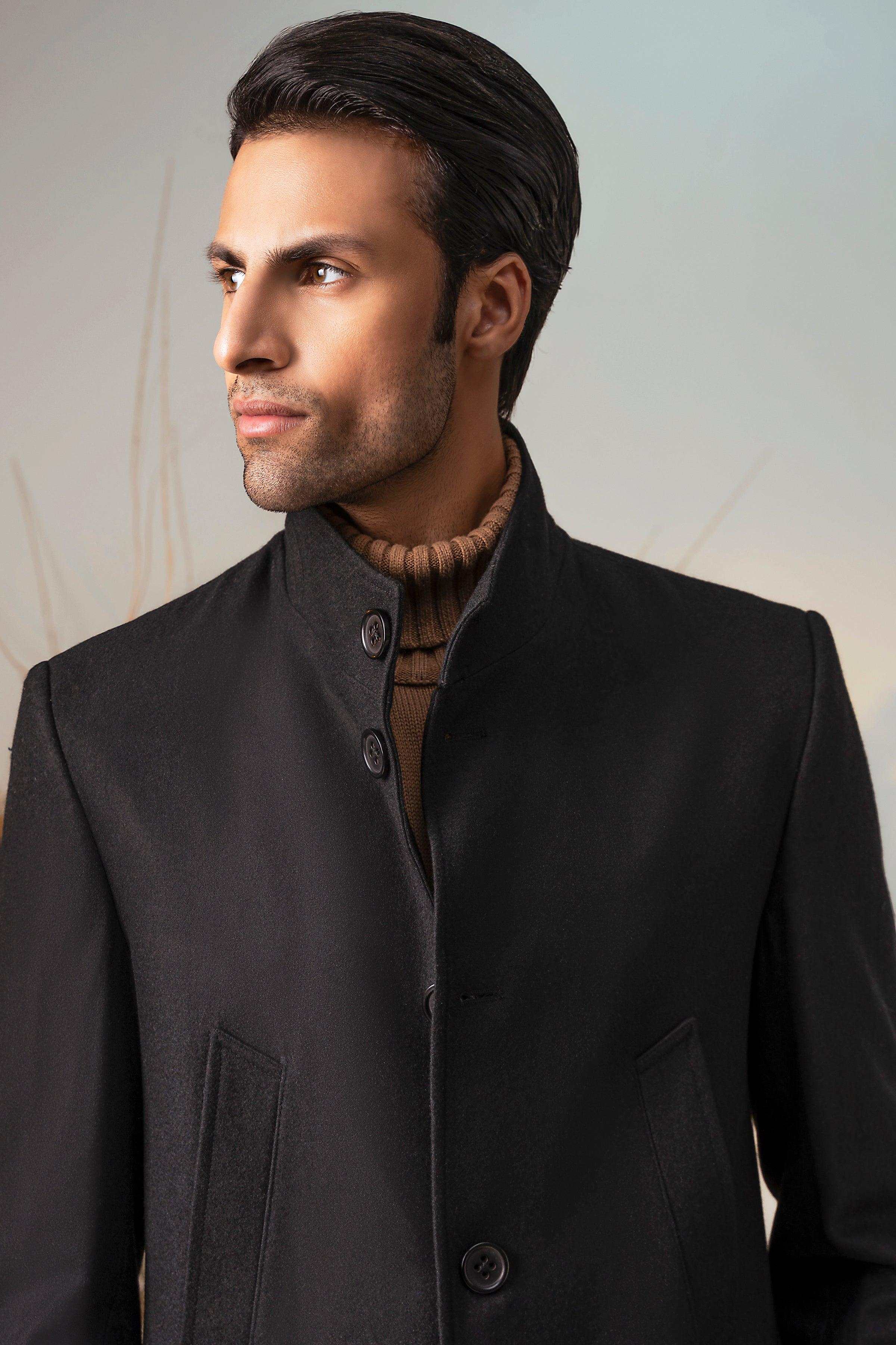BAN COLLAR LONG COAT BLACK at Charcoal Clothing