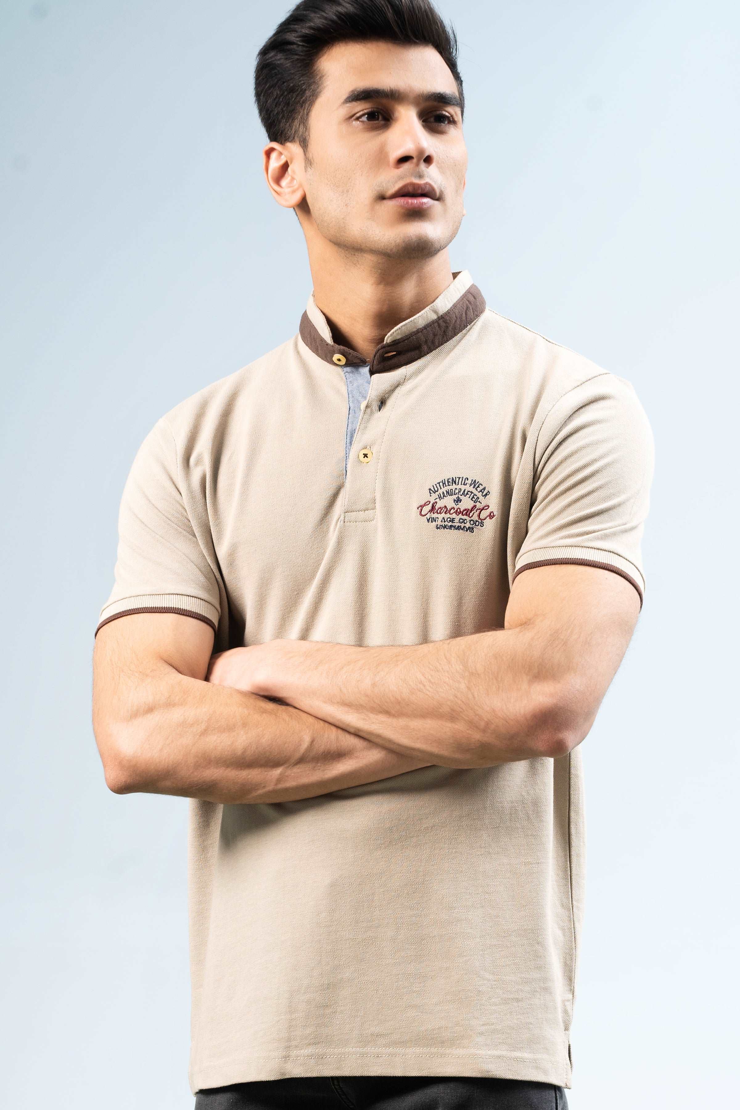 BAN COLLAR POLO LIGHT KHAKI at Charcoal Clothing