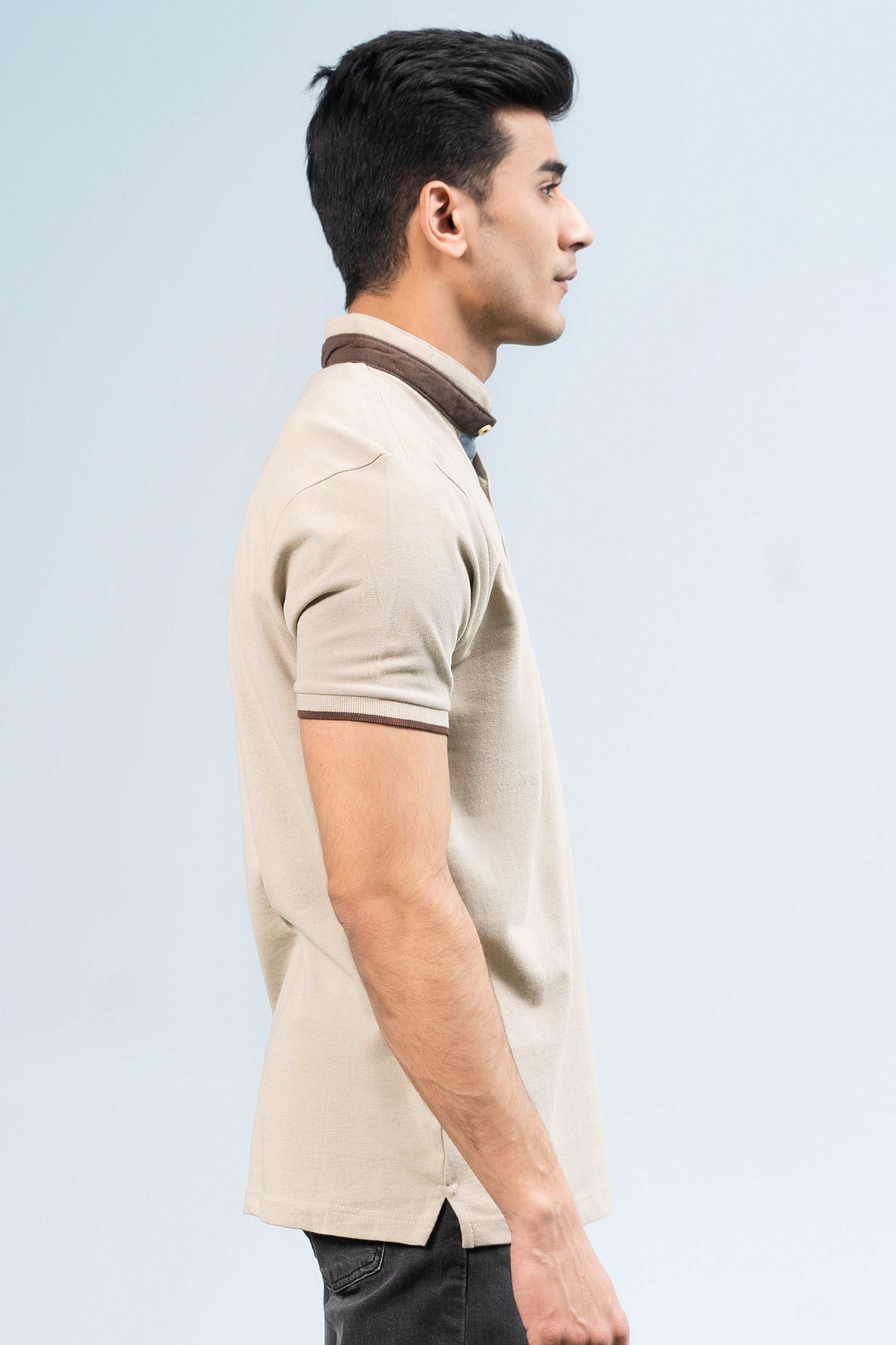 BAN COLLAR POLO LIGHT KHAKI at Charcoal Clothing